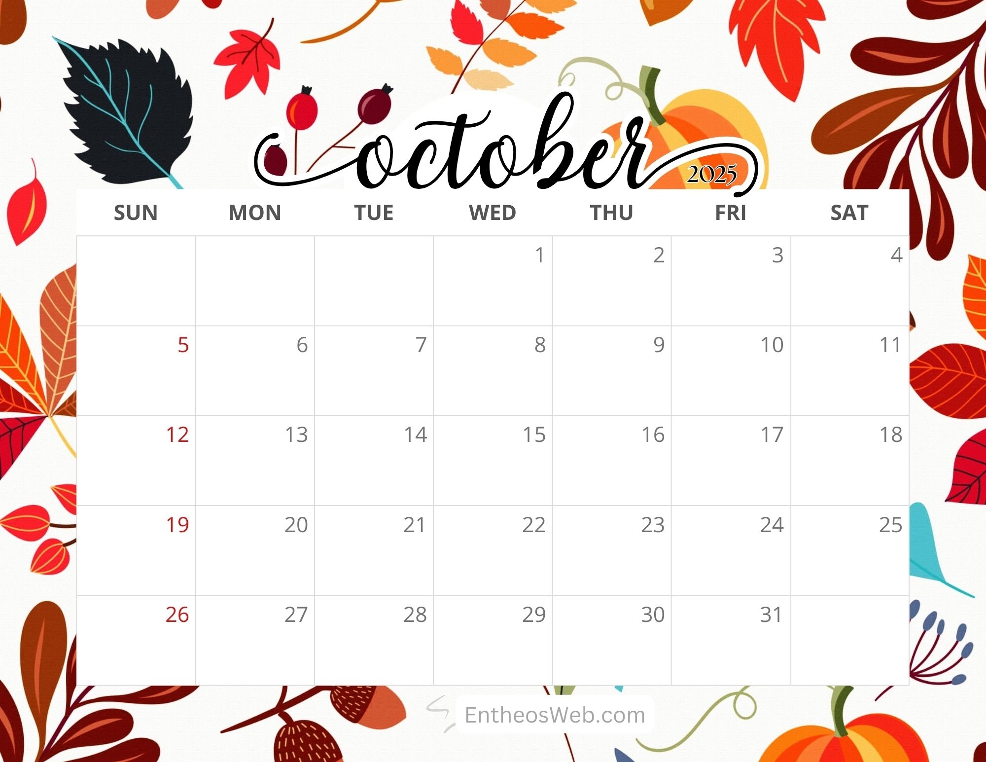 Printable Monthly Calendar 2025 October