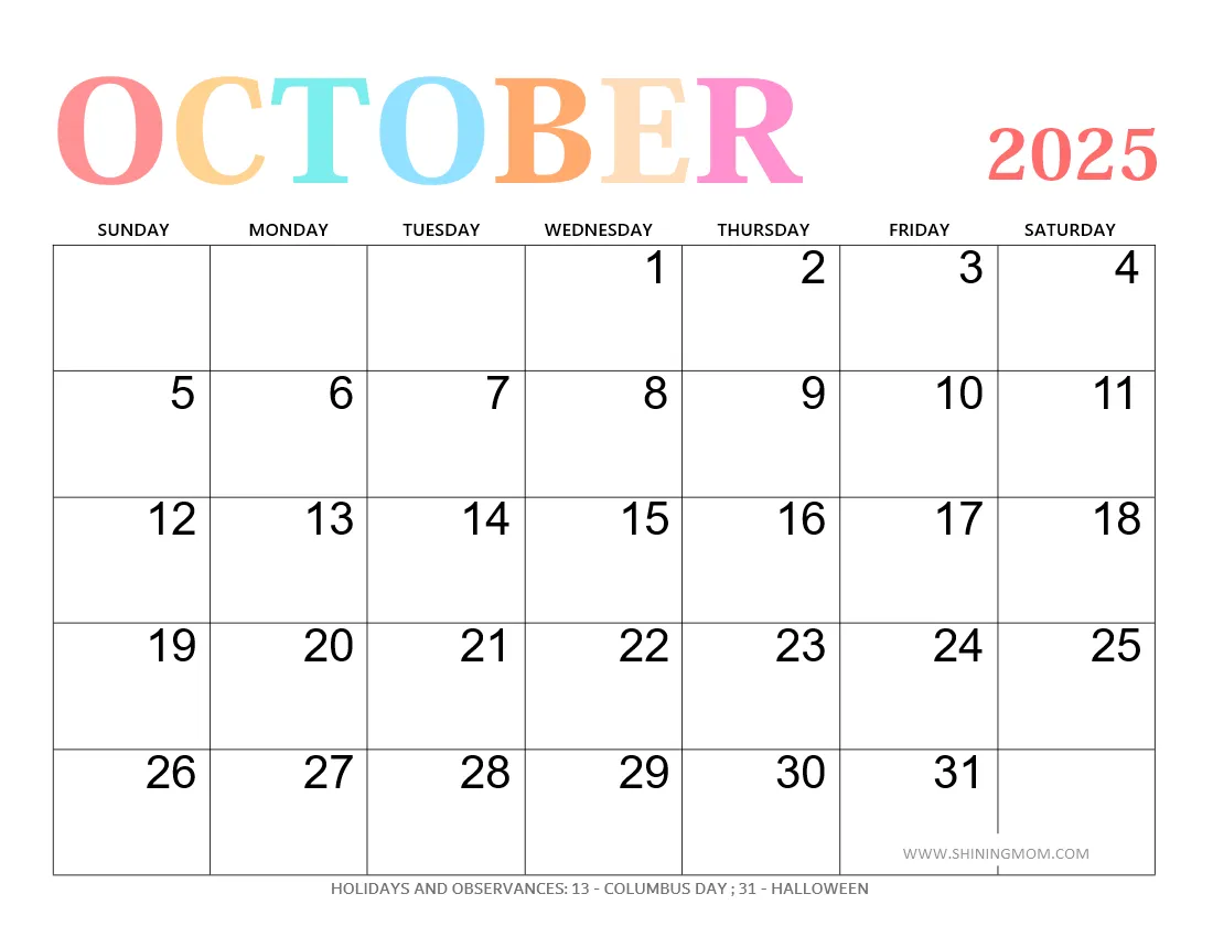October 2025 Calendar With Holidays 45 Best Free Printables