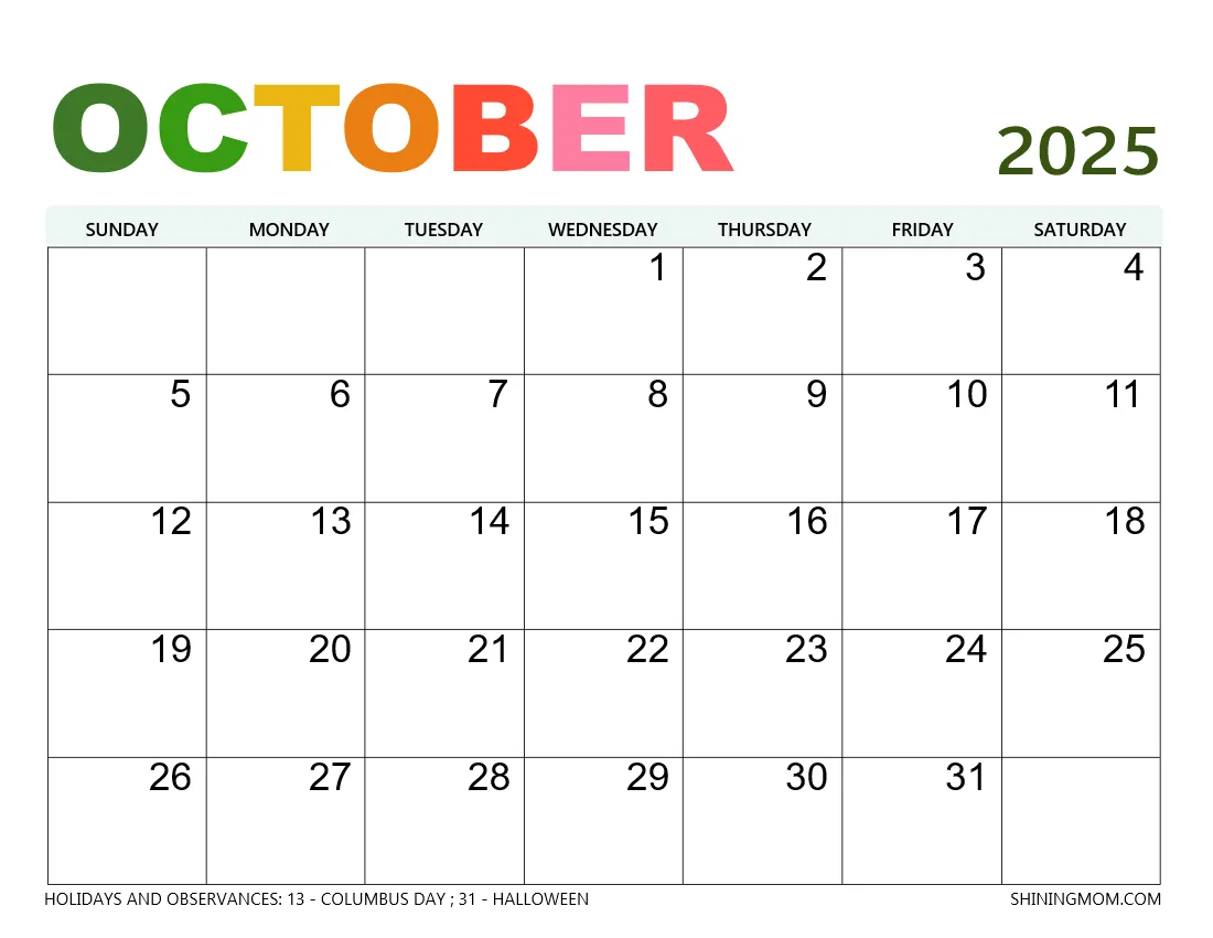 Printable Calendar For October