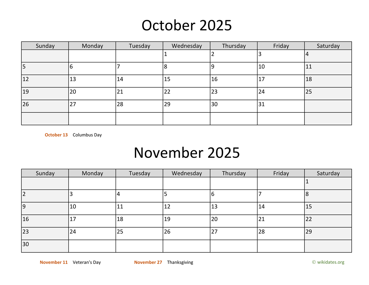 Printable Calendars For October 2025 With Holidays