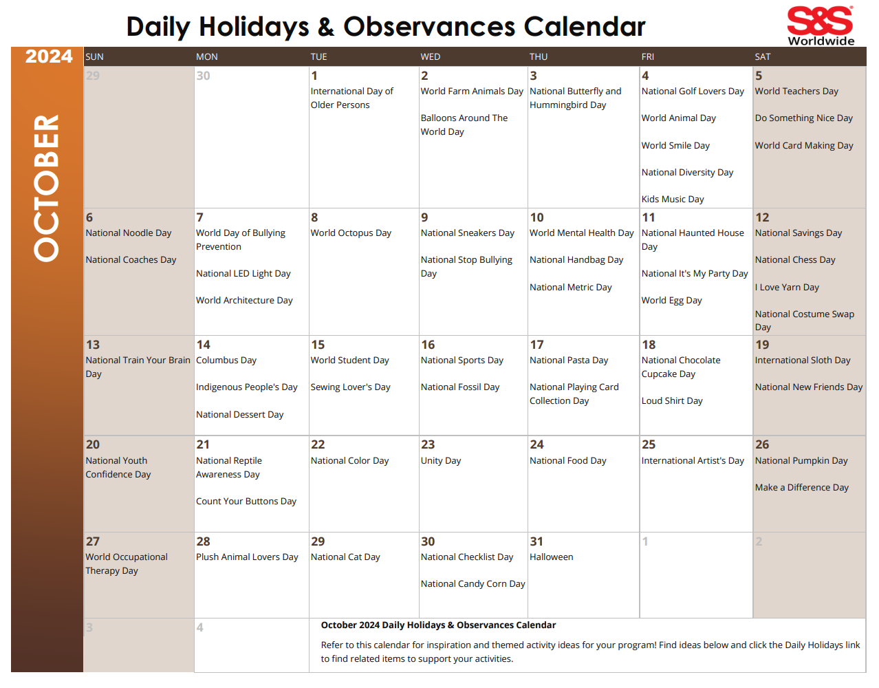 October Daily Holidays Observances Printable Calendar S S Blog