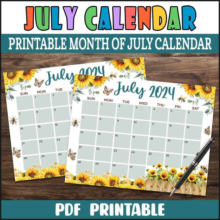 PDF Summer Floral July 2024 Themed Calendar Printable Sunflower Summertime Planner Made By Teachers