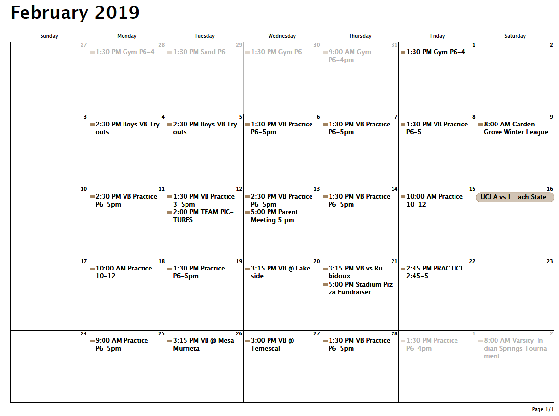 Volleyball Practice Schedule Printable Blank Calendar