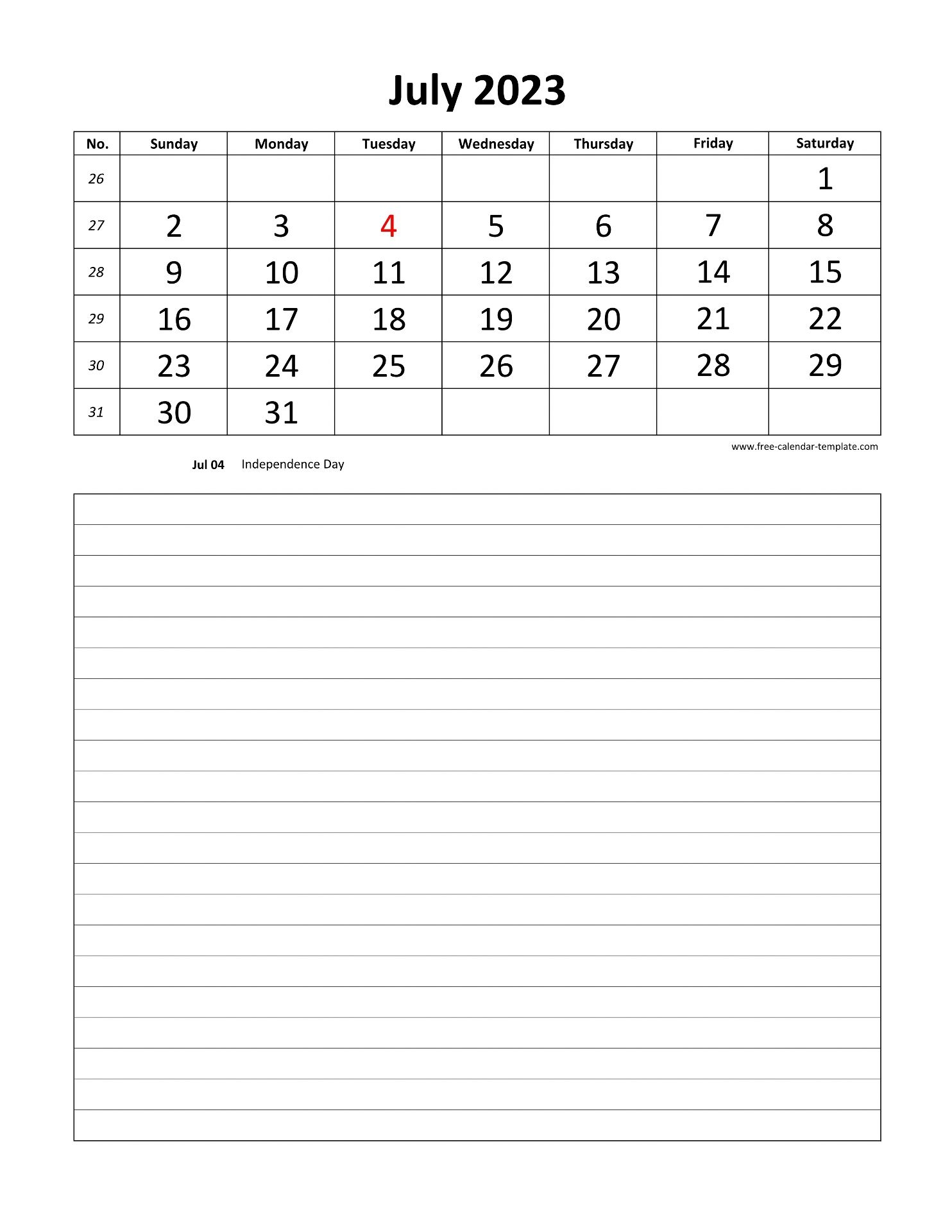 Printable 2023 July Calendar Grid Lines For Daily Notes vertical Free Calendar template