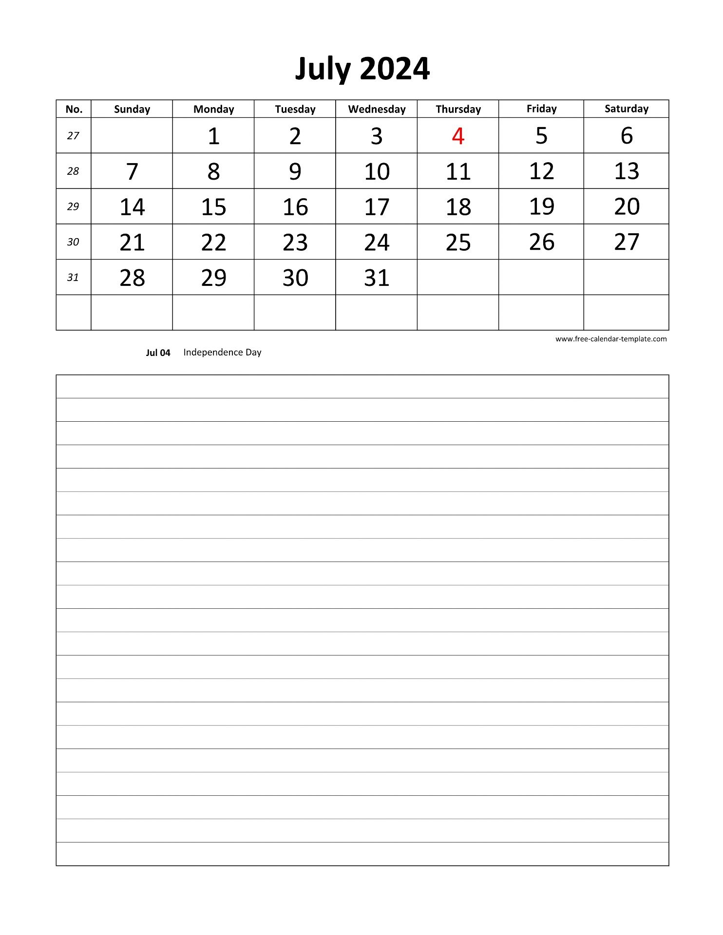 Printable 2024 July Calendar Grid Lines For Daily Notes vertical Free Calendar template