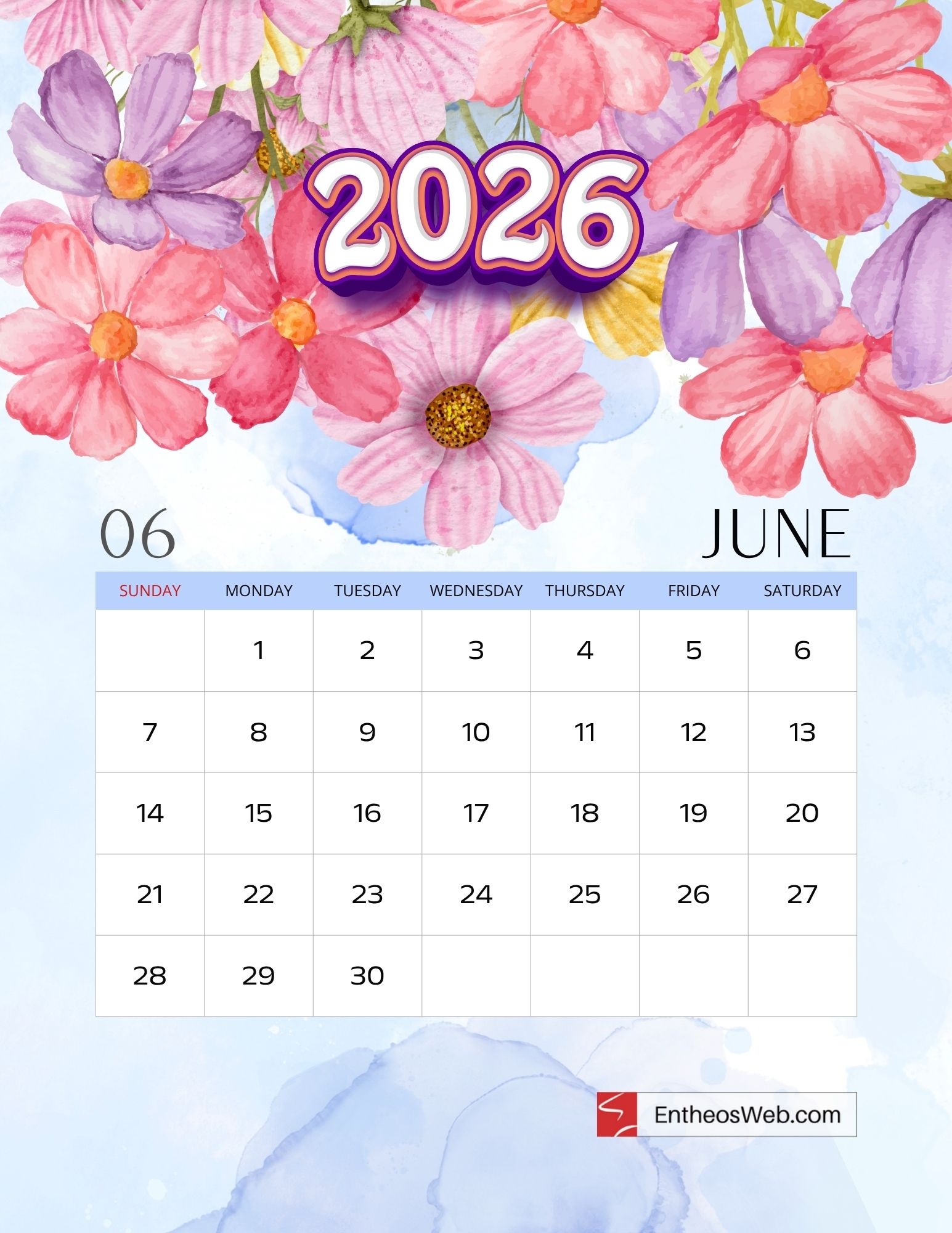 Printable 2026 Calendar Beautiful Watercolor Floral Design EntheosWeb
