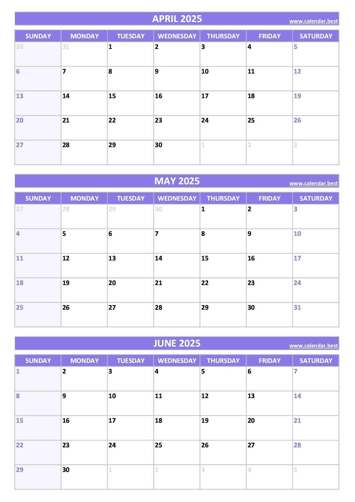 Printable 2nd Quarter 2025 Calendar