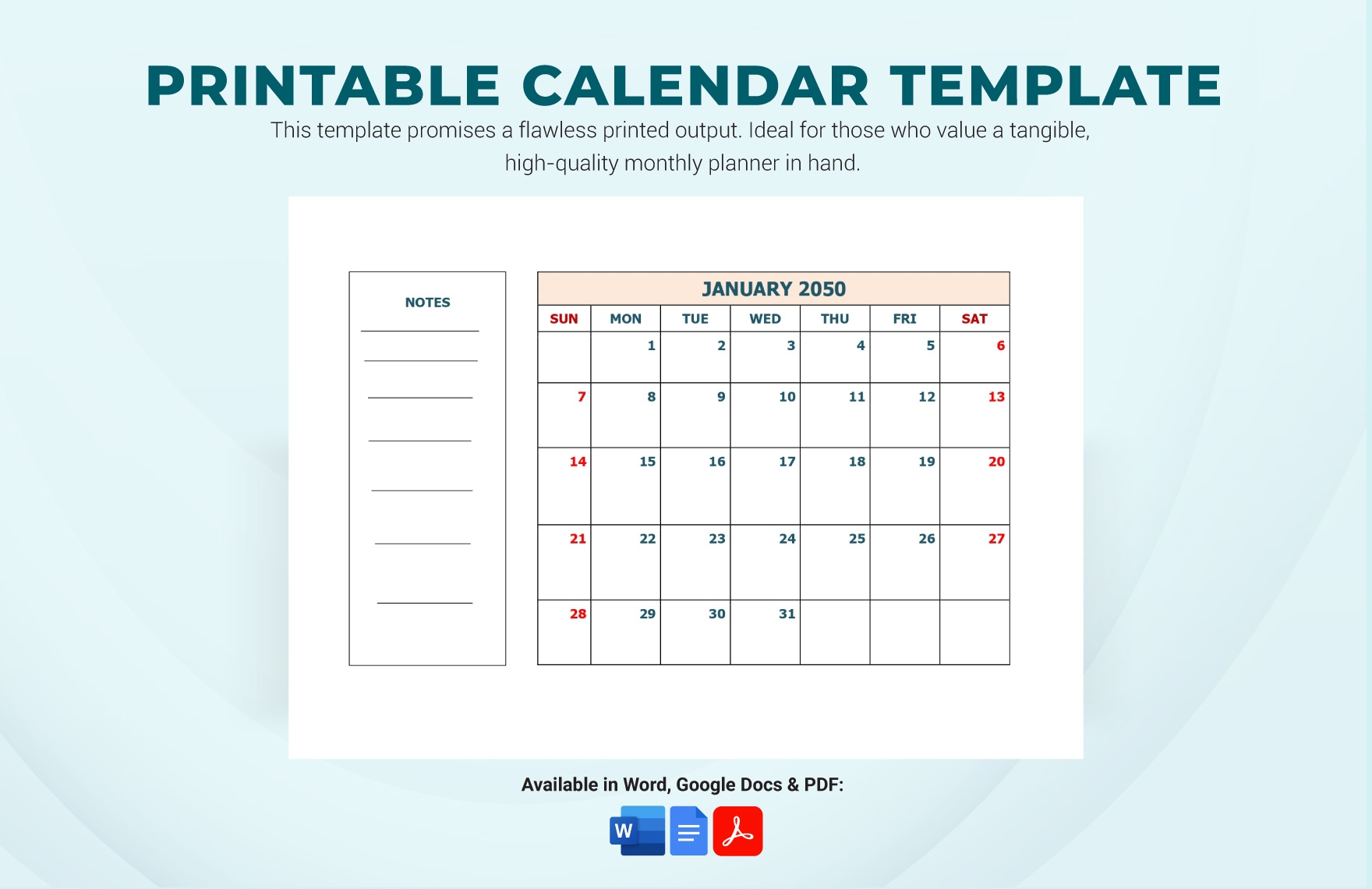 Printable Calendar Template In Word PDF Google Docs Download Template 