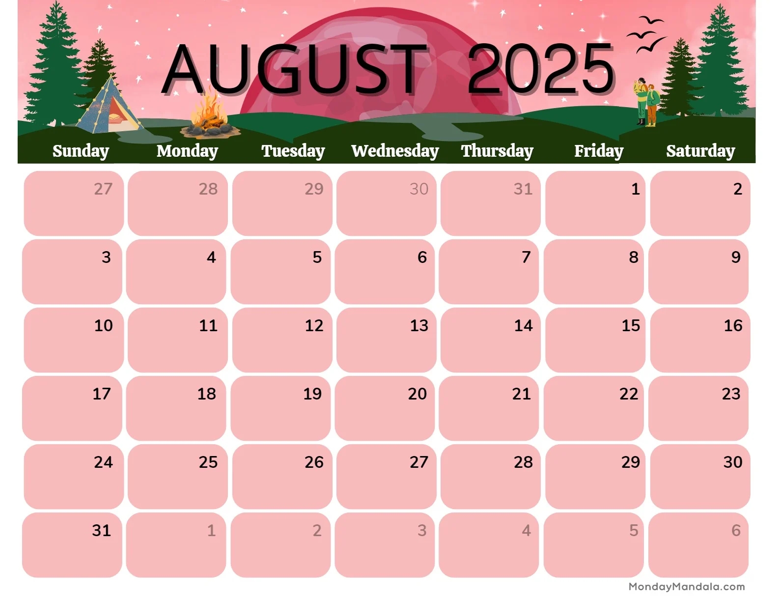 August 25 Calendar Printable