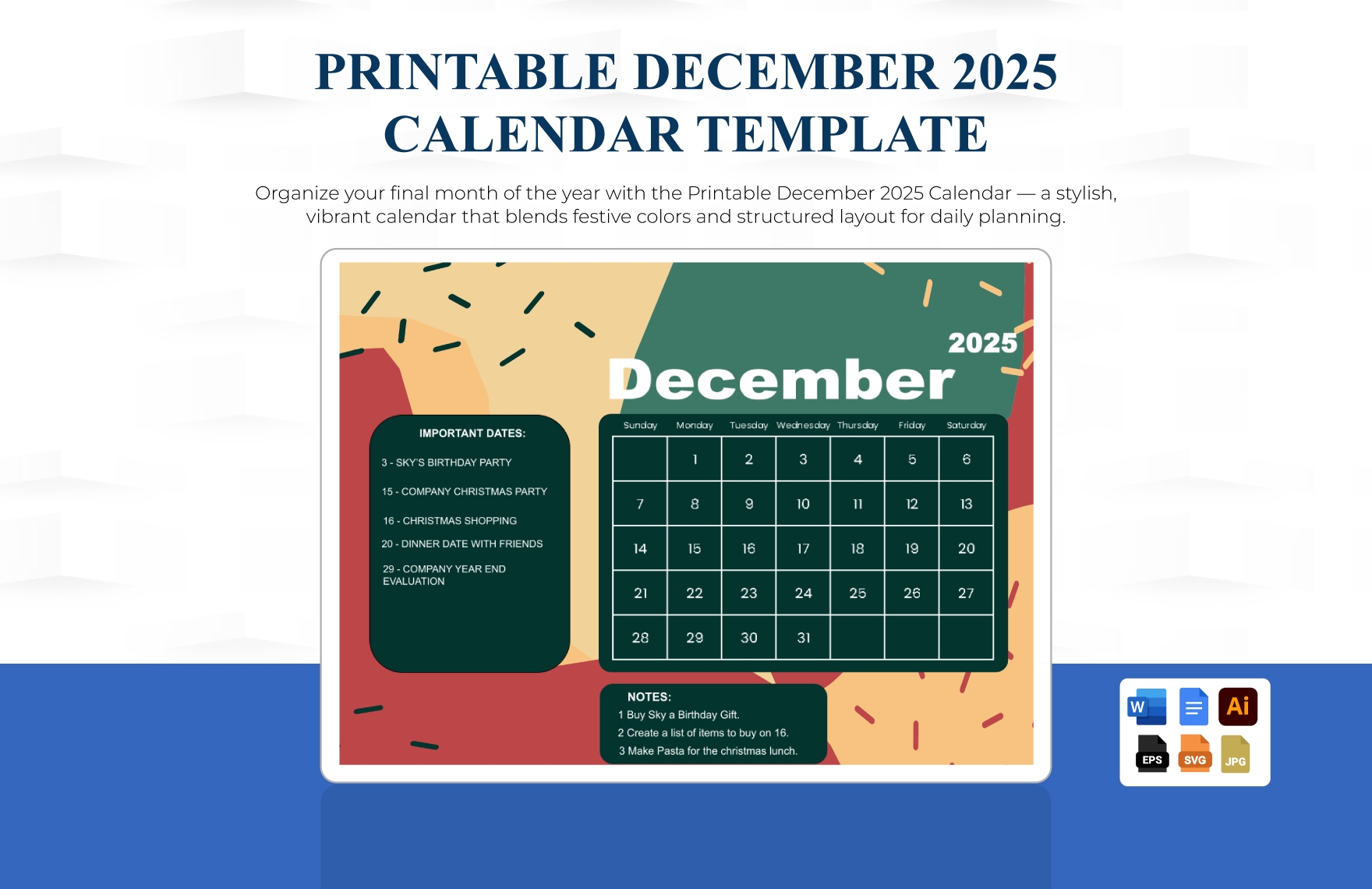Printable December 2025 Calendar In EPS Illustrator JPG Word SVG Google Docs To Download Template