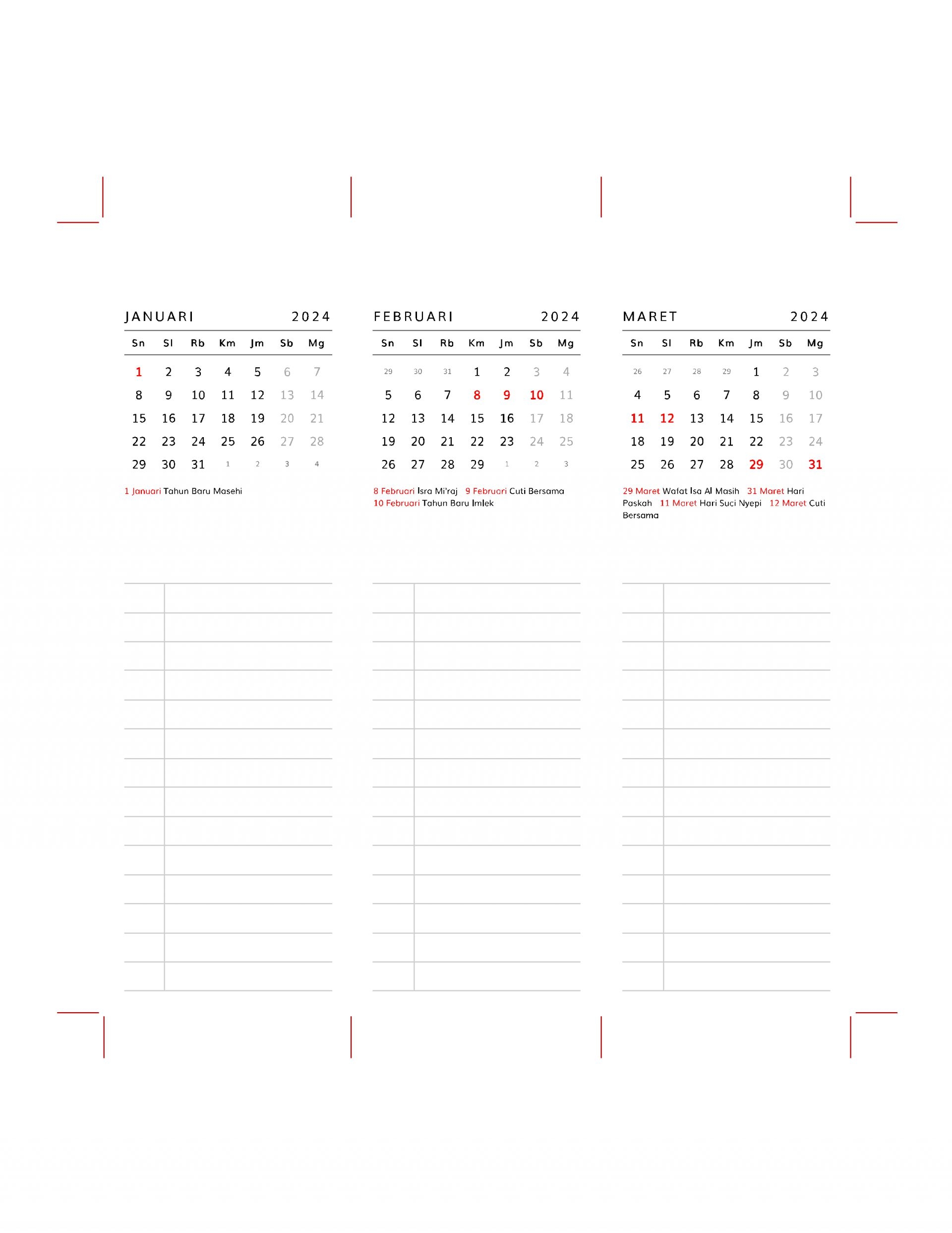 Printable Long Vertical Small Calendar With Notes Layout