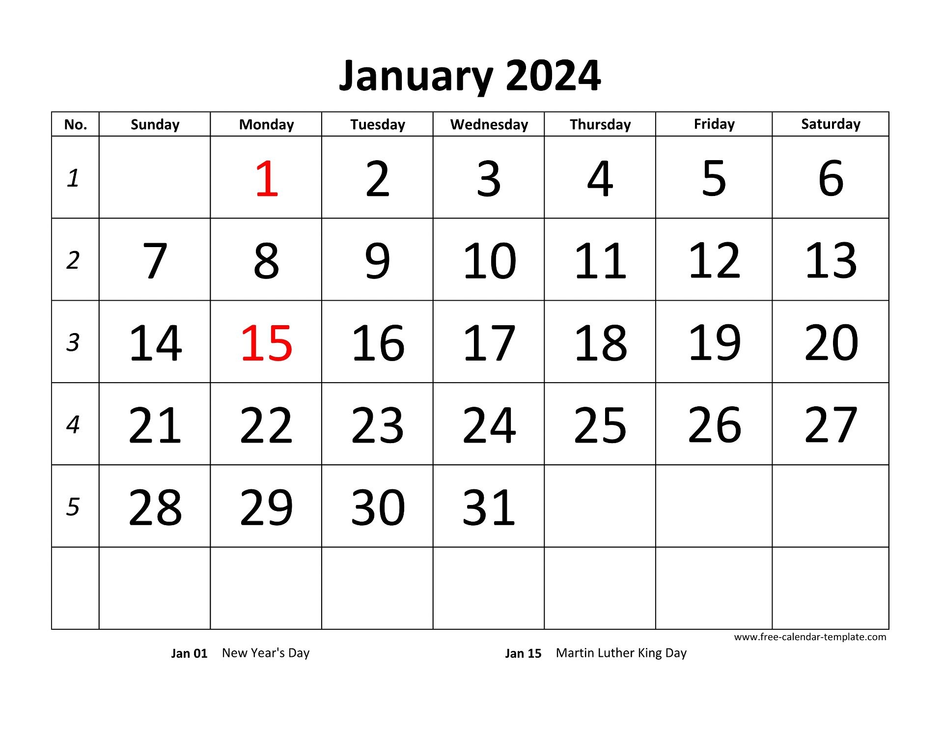 Printable Monthly Calendar 2024 Free calendar template
