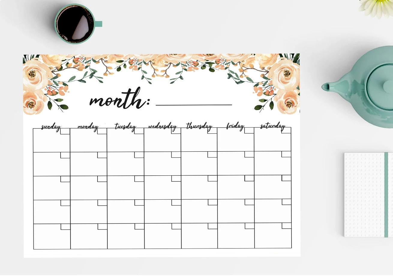 Printable Monthly Calendar Blank Calendar Floral Calendar Shabby Chic Watercolor Calendar Flowers JPG PDF Format 11 X 8 5 In Etsy