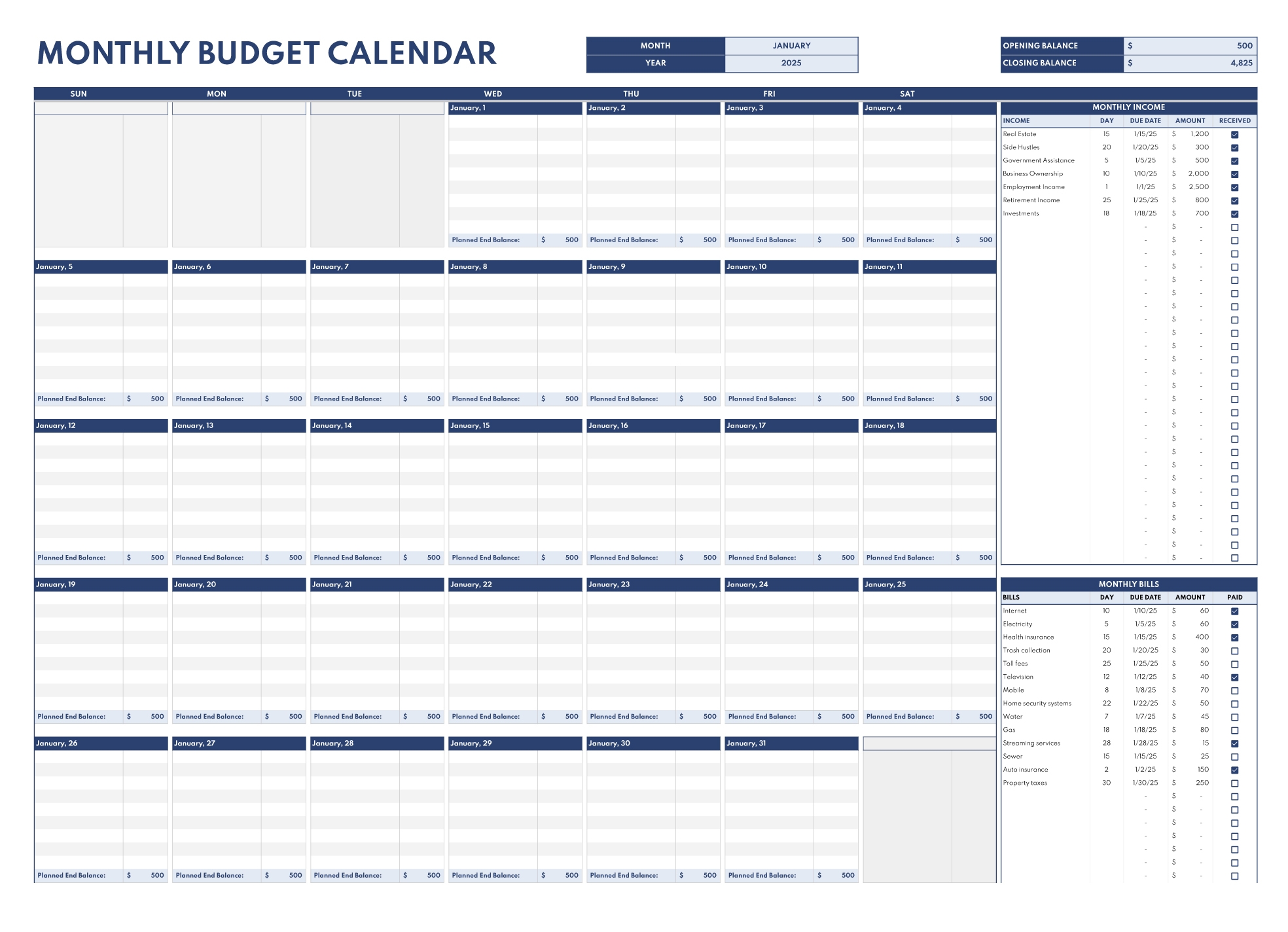 Printable Monthly Budget Calendar