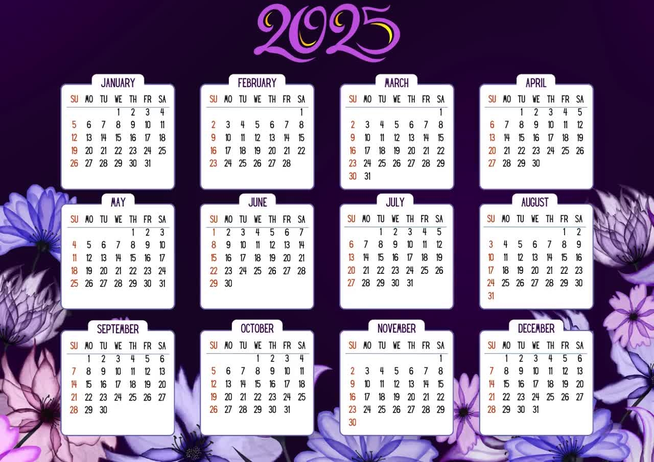 Purple Calendar For 2025 Calendar Colorful Monthly Calendar Calendar Colorful 2025 Wall Calendar rintable Yearly Calendar Etsy