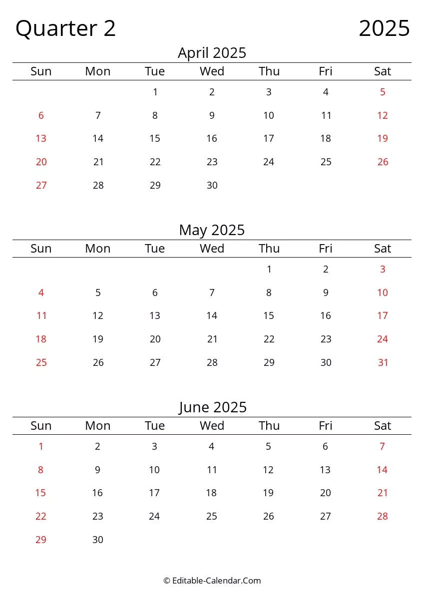Quarter 2 Of 2025 Editable Calendar In Excel Word PDF