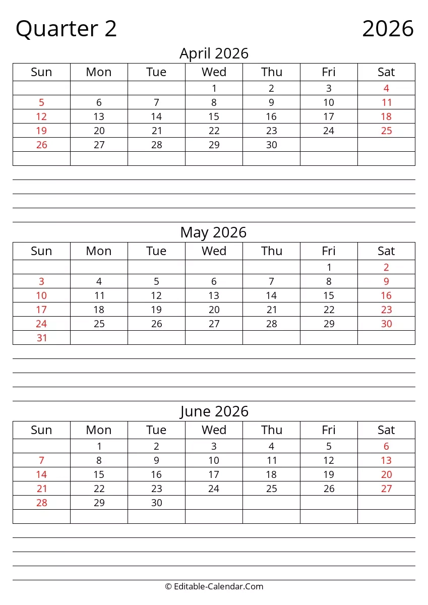 quarter 2 of 2026 editable calendar in excel word pdf
