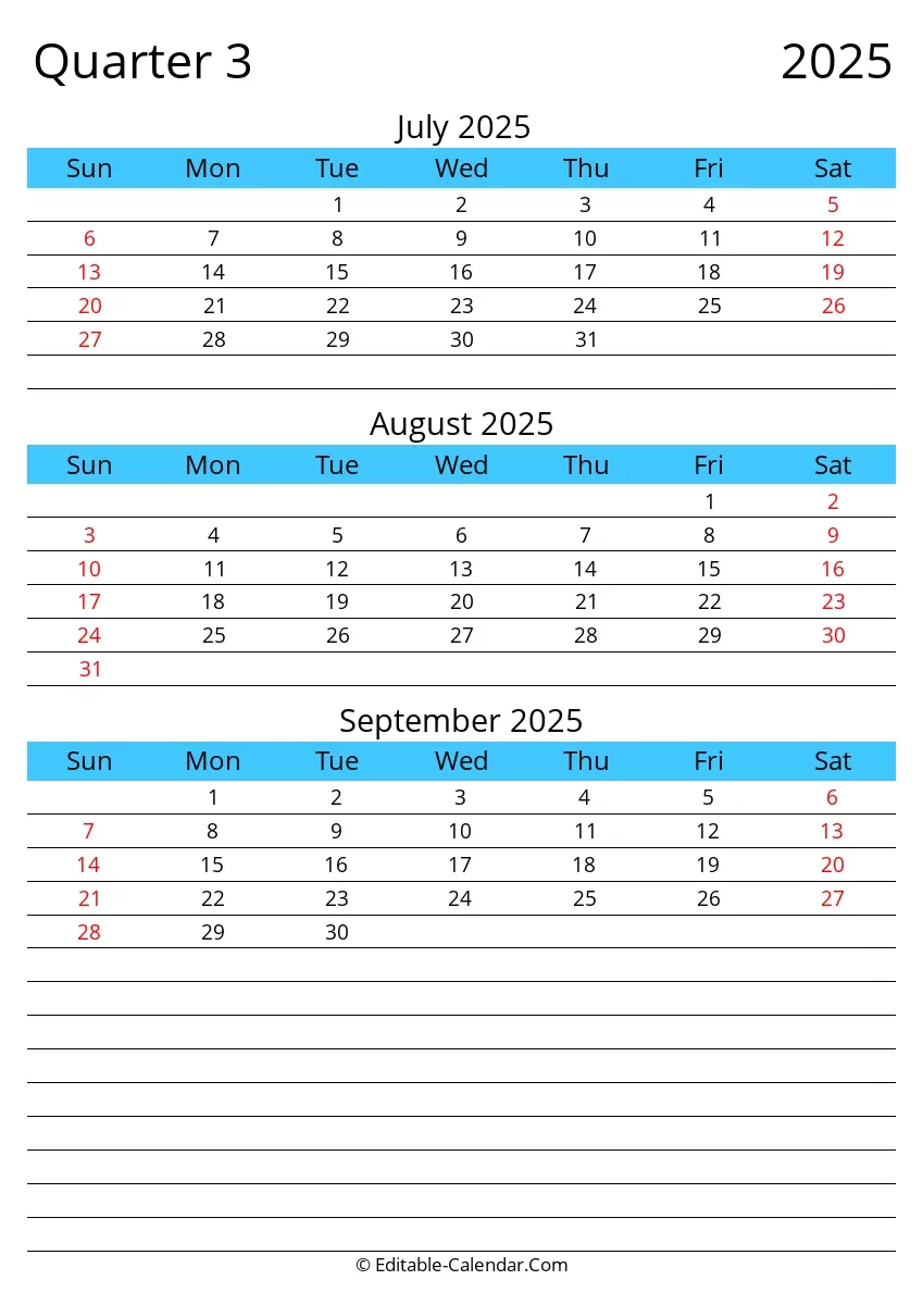 Printable 3rd Quarter Calendar 2025