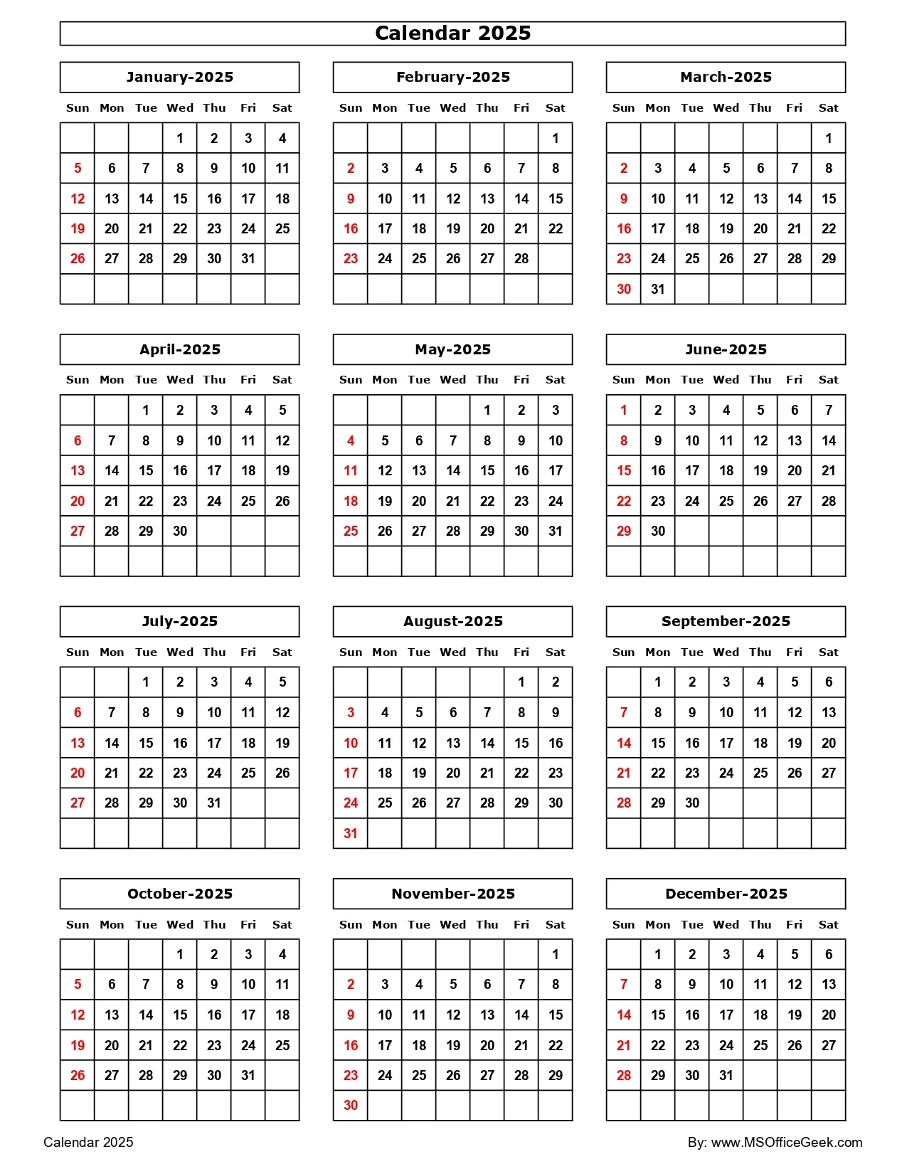 Ready To Use Printable Calendar 2025 MSOfficeGeek