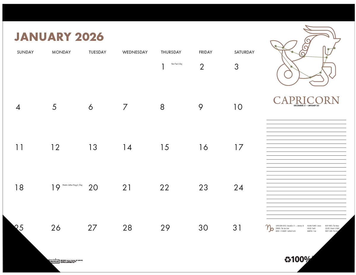 Recycled Monthly Desk Pad Calendar Zodiac 22 X 17 Inches