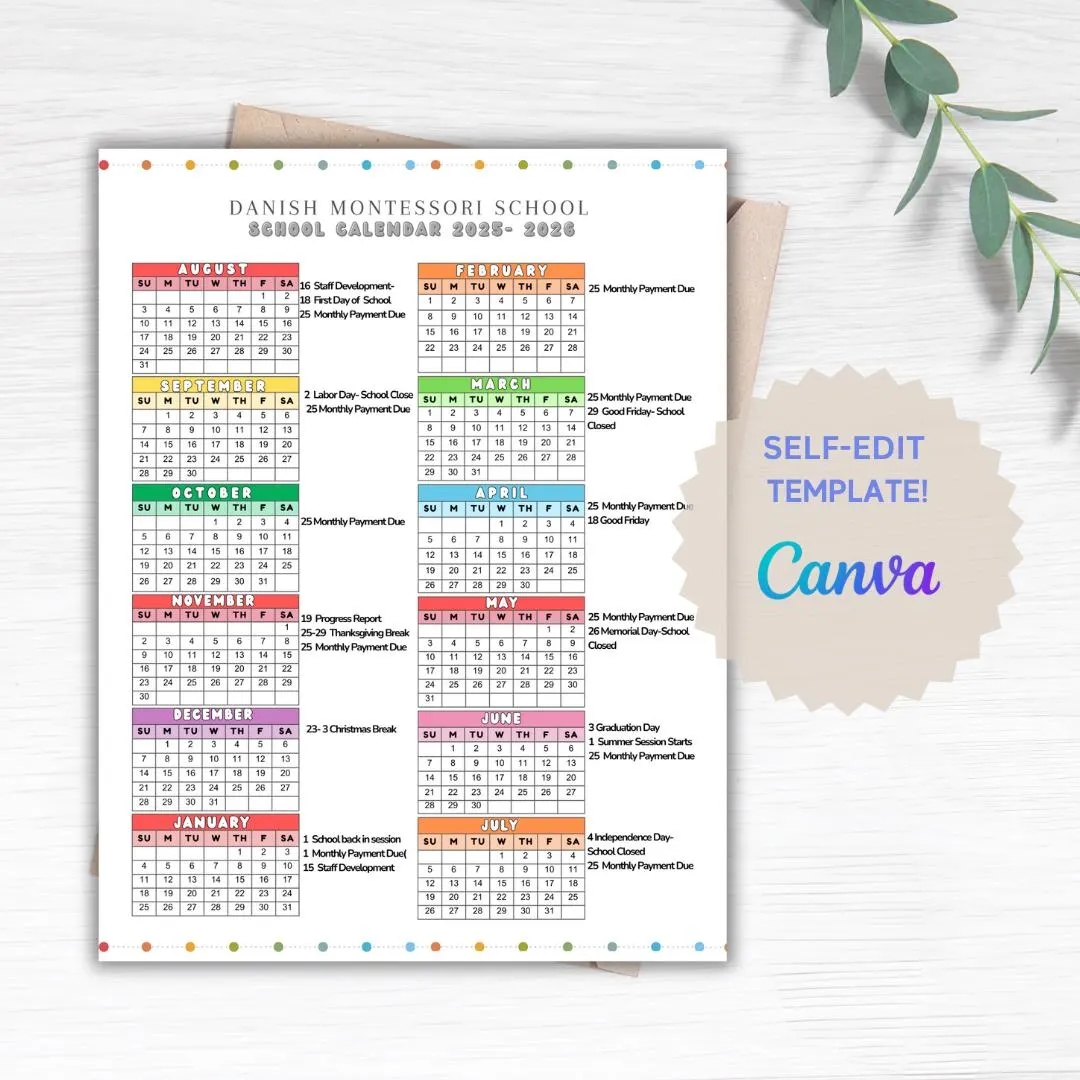 School Calendar 2025 2026 Perfect For Preschool Daycare Or Childcare Center EDITABLE Etsy