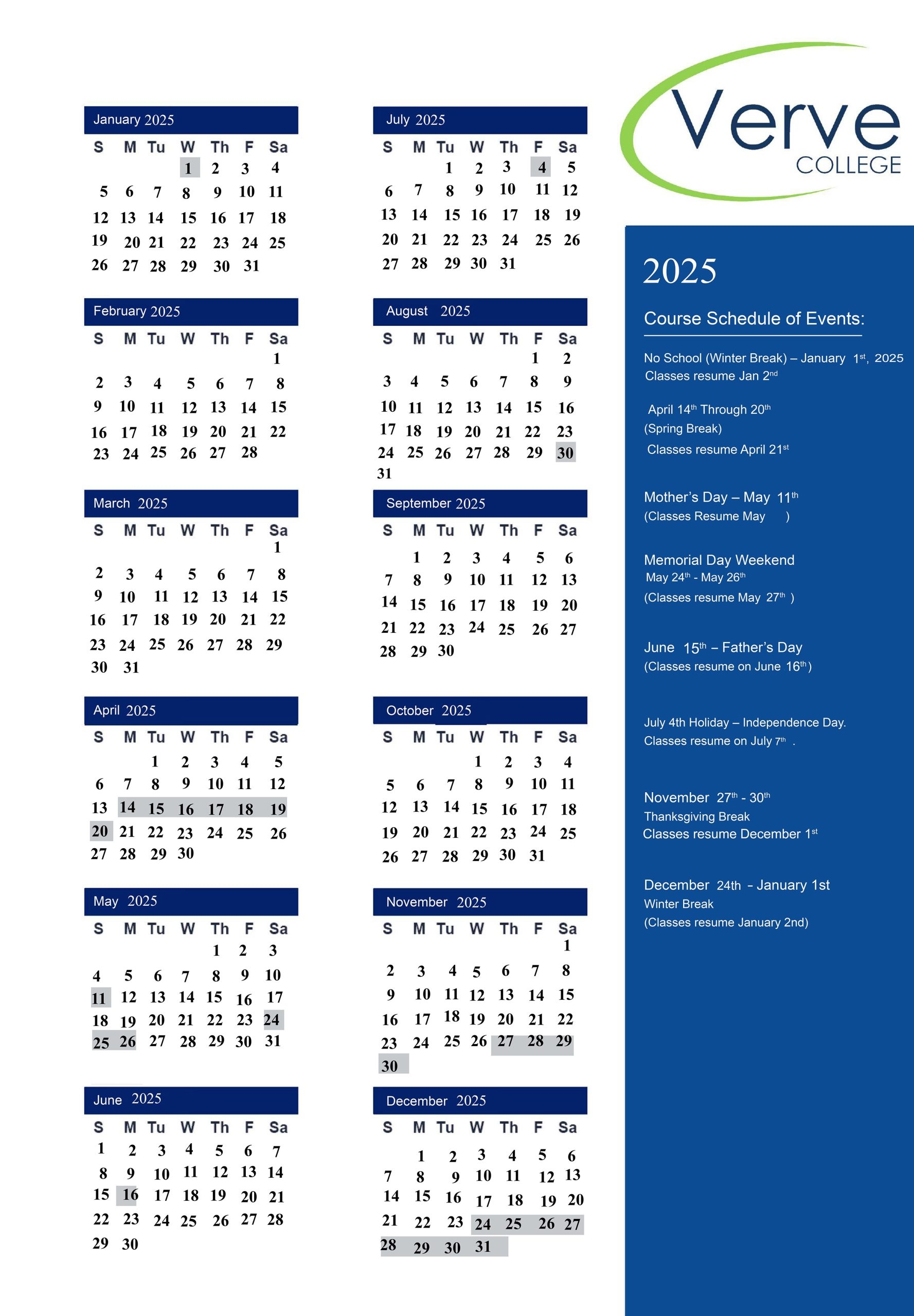 School Calendar Verve College Practical Nurse School