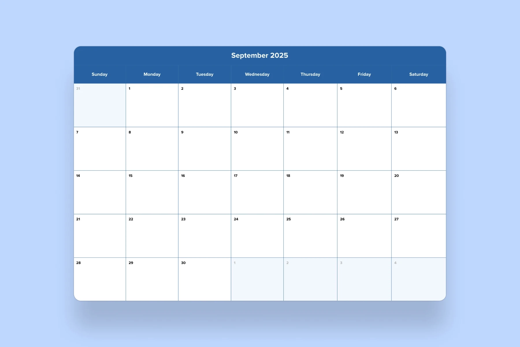 September 2025 Calendar Template Mural