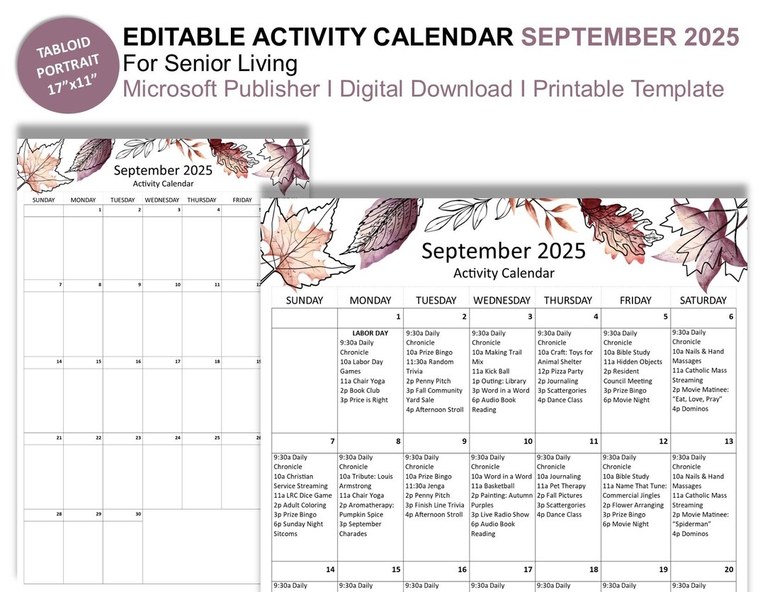 September 2025 Editable Monthly Activities Calendar For Senior Living Tabloid Size 17 X 11 Publisher Format Etsy