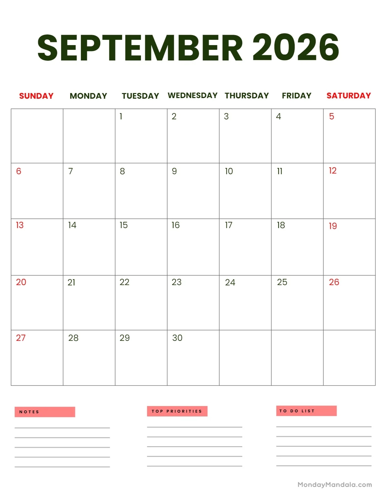 September 2026 Calendars 52 Free PDF Printables September 2026 Calendars 52 Free PDF Printables