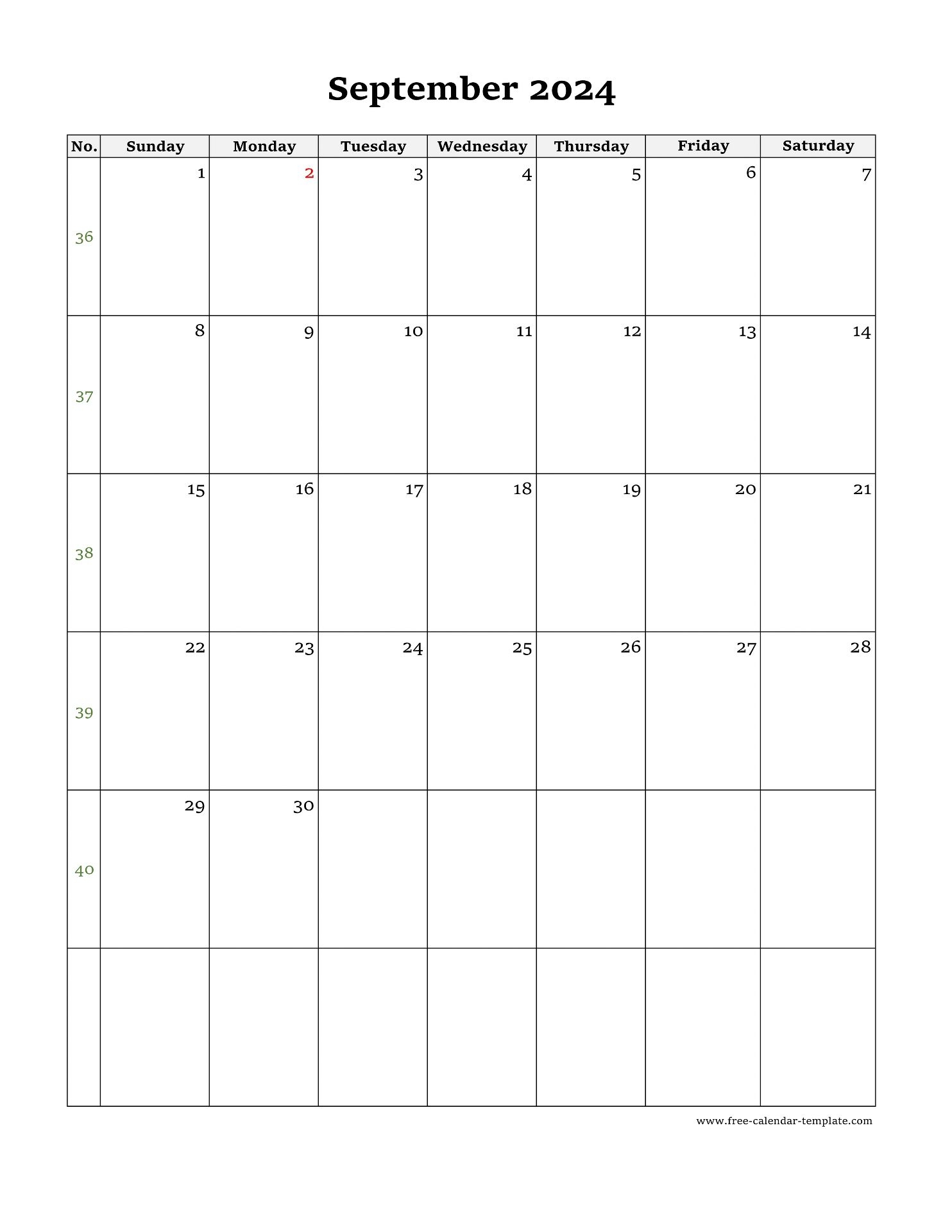September Calendar 2024 Simple Design With Large Box On Each Day For Notes Free calendar template September Calendar 2024 Simple Design With Large Box On Each Day For Notes Free calendar template