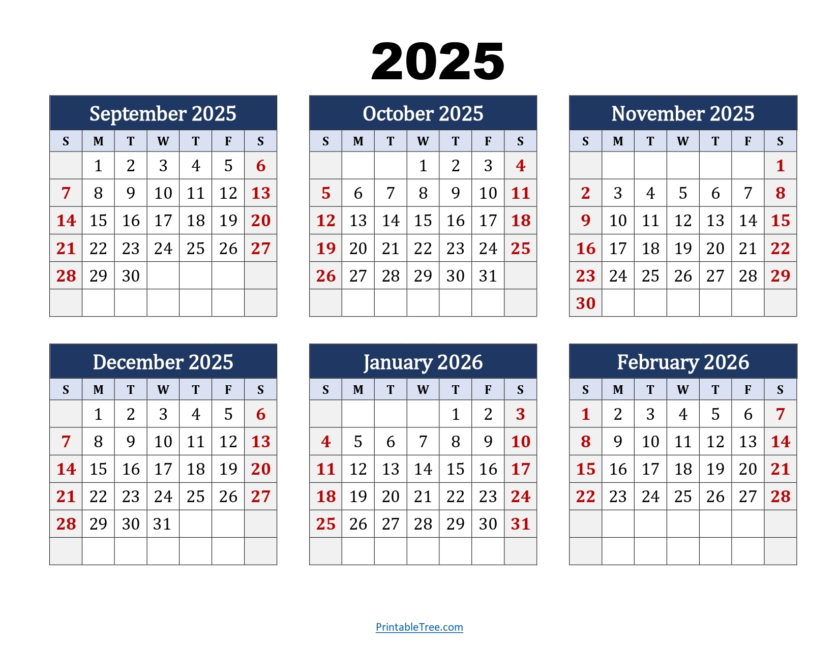 September To February 2026 Calendar Printable PDF Six Months Calendar