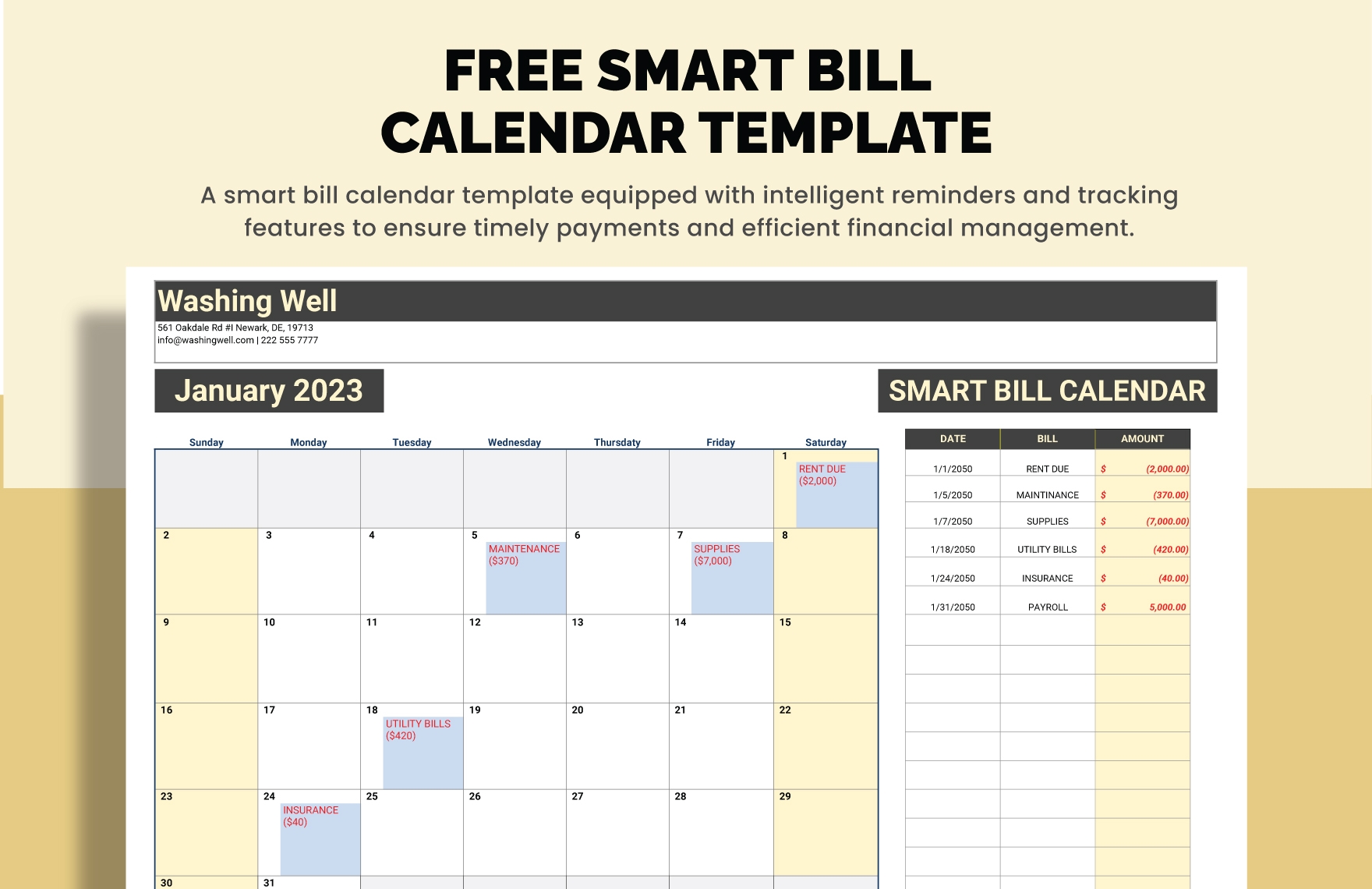 Smart Bill Calendar Template In Excel Google Sheets Download Template