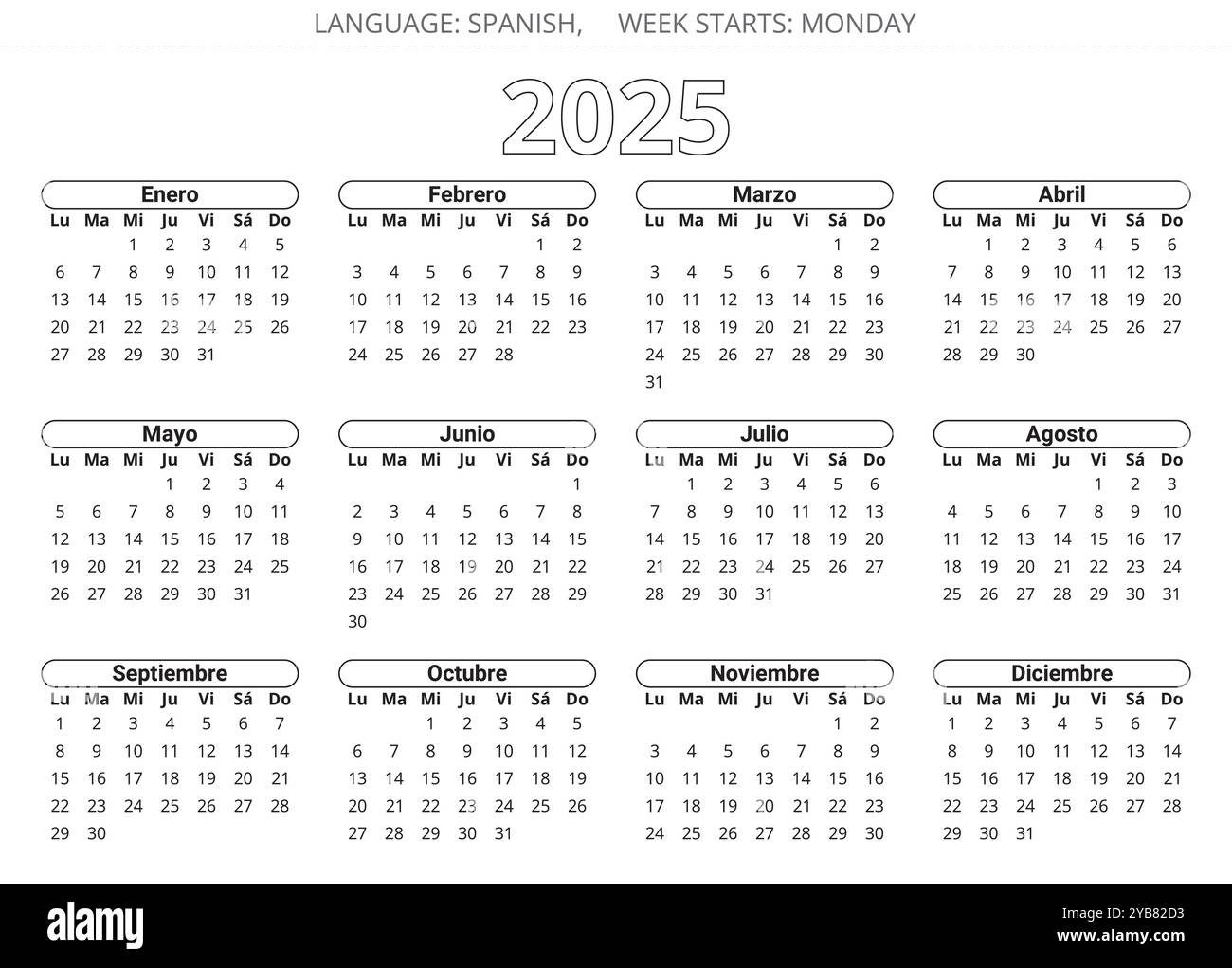 Spanish 2025 Year Calendar Printable Vector Illustration For Spain Stock Vector Image Art Alamy
