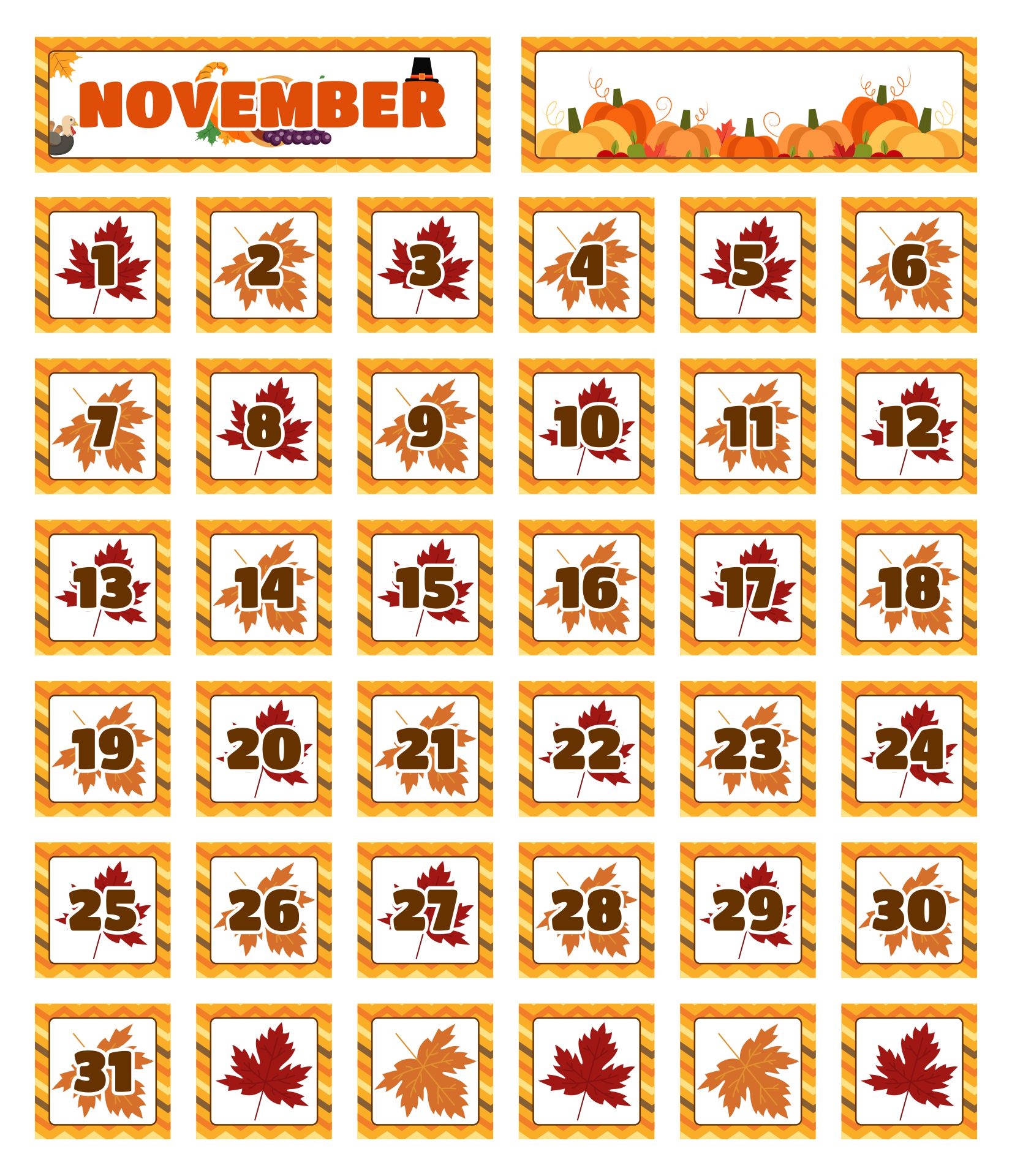 November Printable Calendar Numbers