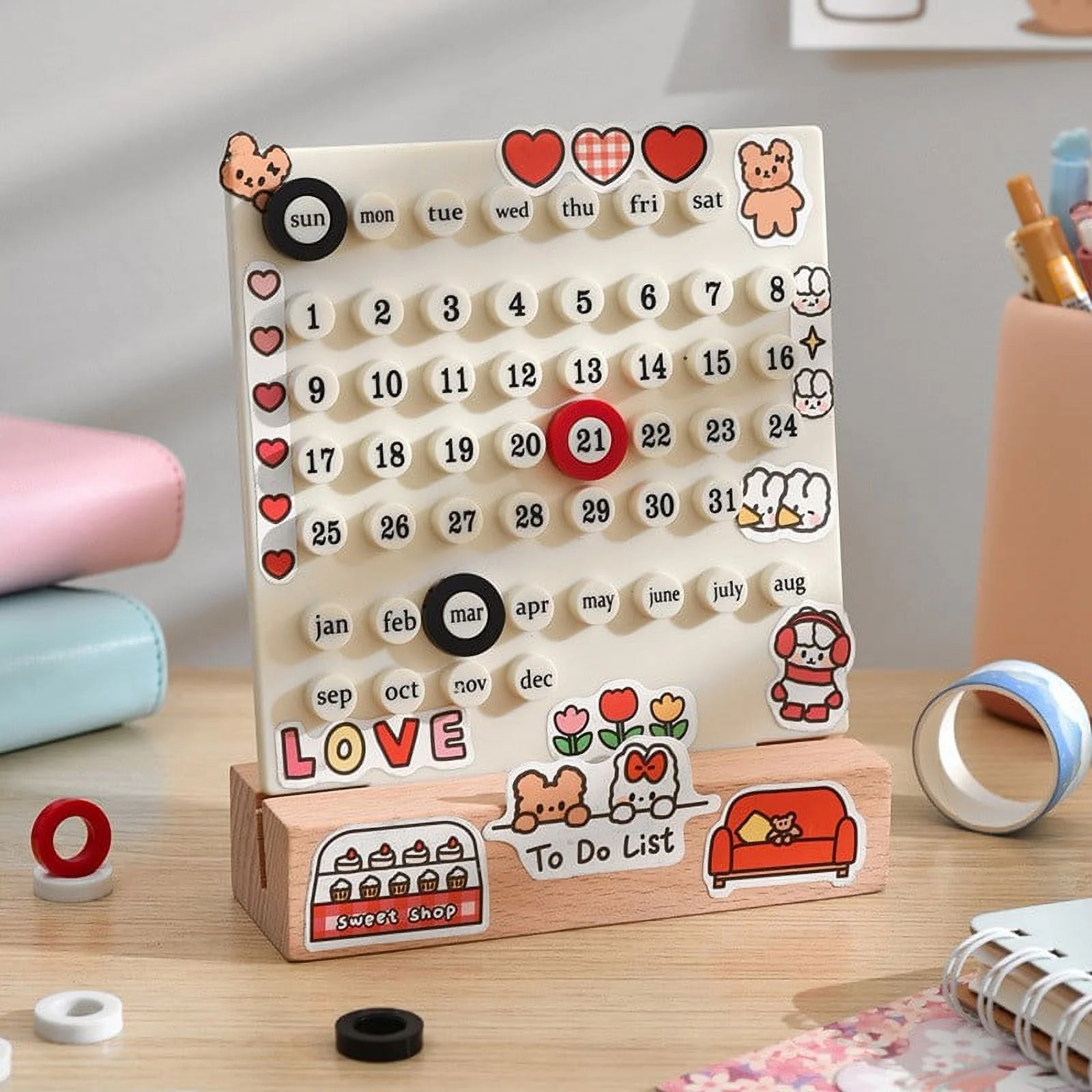 TUTUnaumb Manual DIY Loop Calendar Cute Perpetual Calendar DIY Ring Reusable Creative Sticker Wooden Desk Calendars Integrated Molding Table Calendar Ring Acrylic Desk Calendar White Walmart
