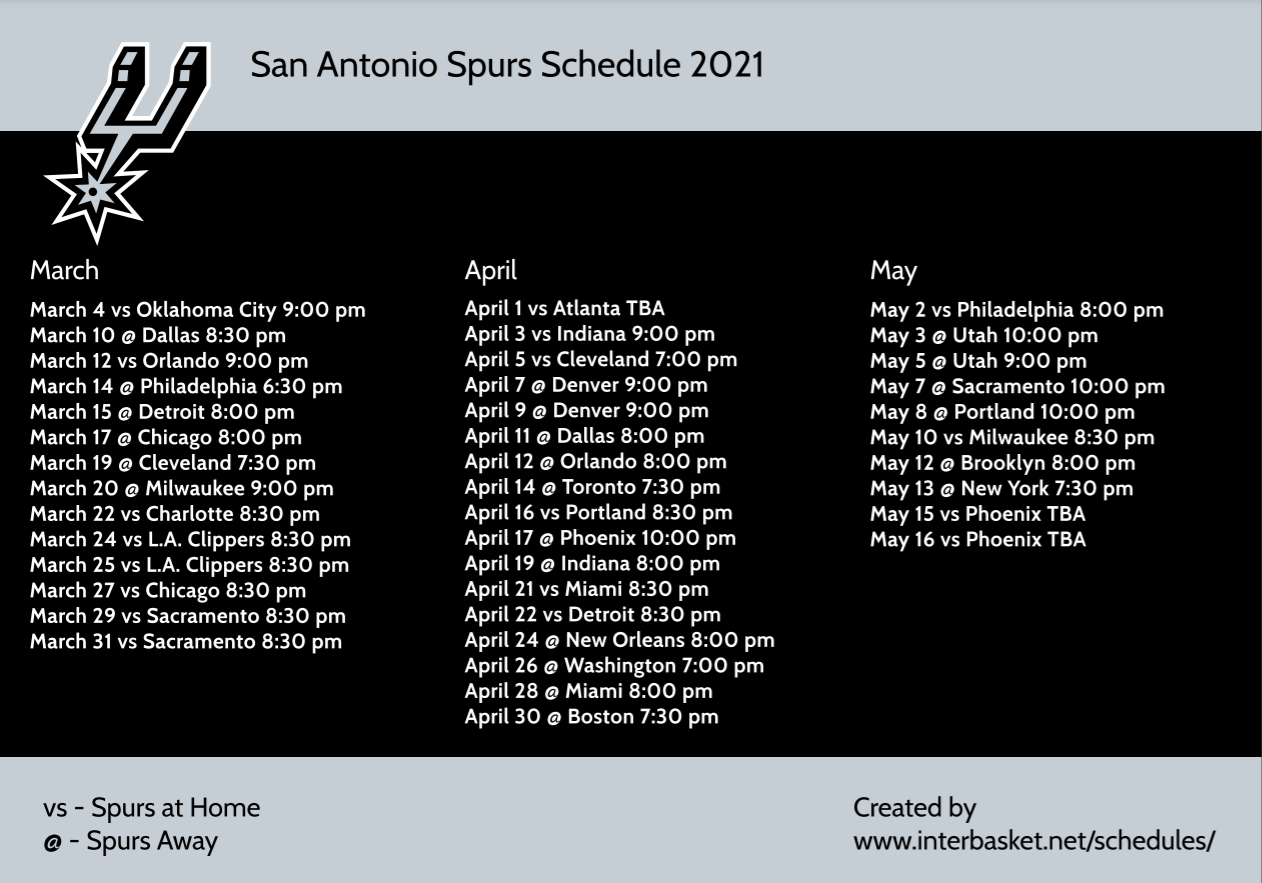Updated San Antonio Spurs Schedule TV Schedule For 2021 Season To Print Interbasket
