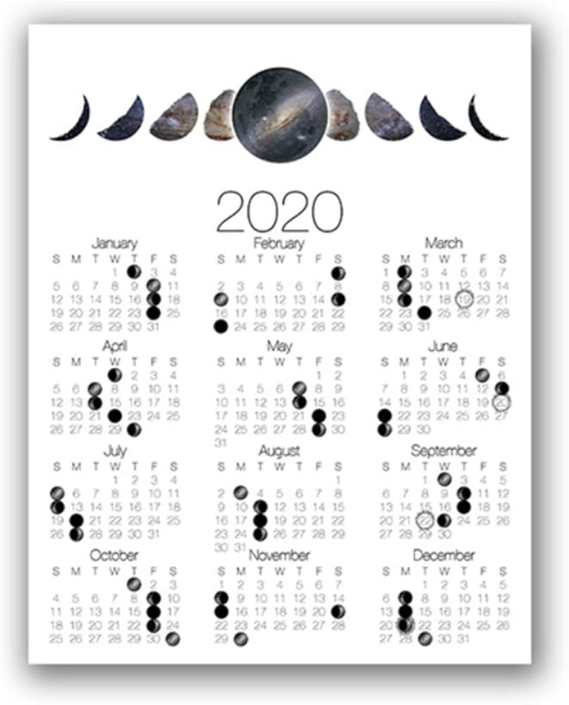 XIANGPEIFBH Canvas Painting 2020 Moon Phase Calendar Print Galaxy Moon Phases Poster Half Moon Calendar Art Home Decor 50 X 70 Cm 19 7 X 27 6 Inches No Frame Amazon de Home Kitchen