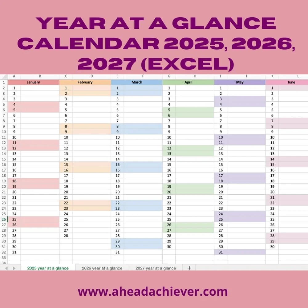 Year At A Glance Calendar 2025 2026 2027 Excel Year At A Glance Calendar 2025 2026 2027 Excel