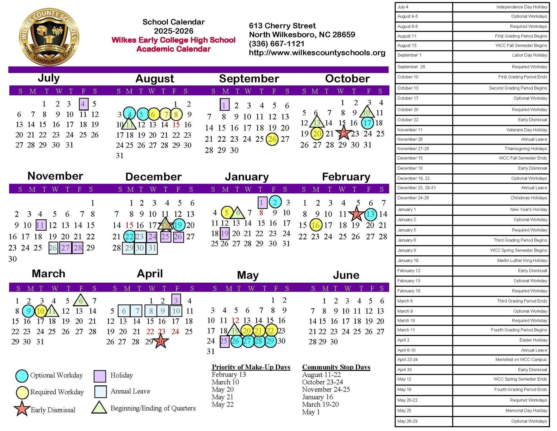 Year at a Glance District Calendars District Wilkes County Schools