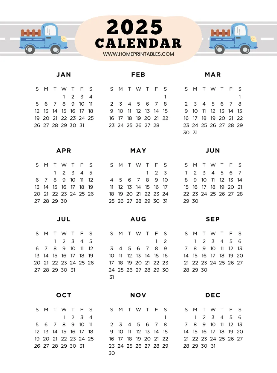 2025 Printable Year Calendar Minimal Design