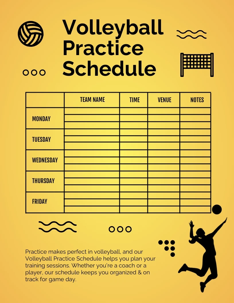 Yellow Gradient Simple Outline Illustration Volleyball Practice Schedule Template Venngage