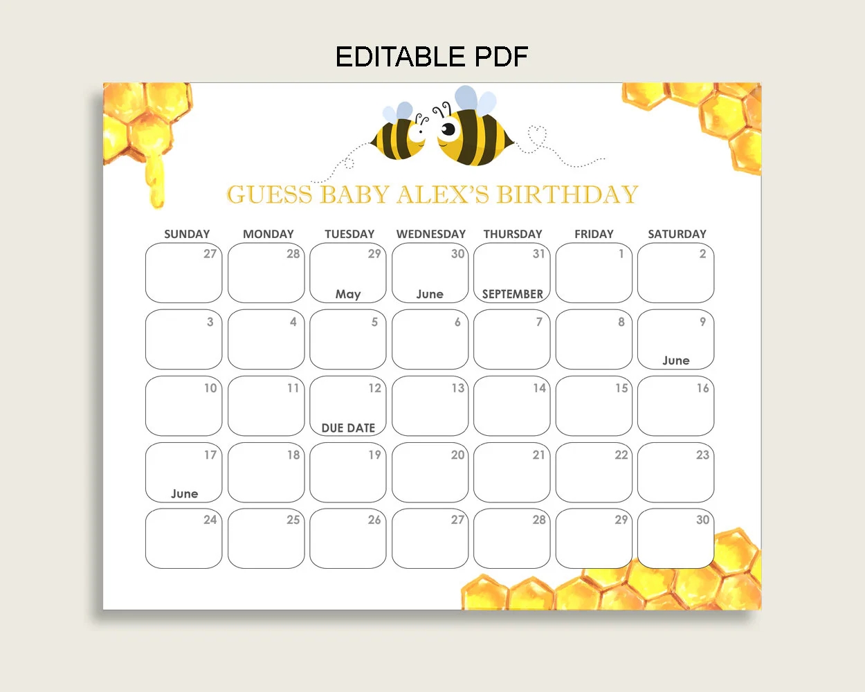 Yellow White Guess Baby Due Date Calendar Game Printable Bee Baby Shower Gender Neutral Birthday Prediction Calendar Editable Bee01 Etsy