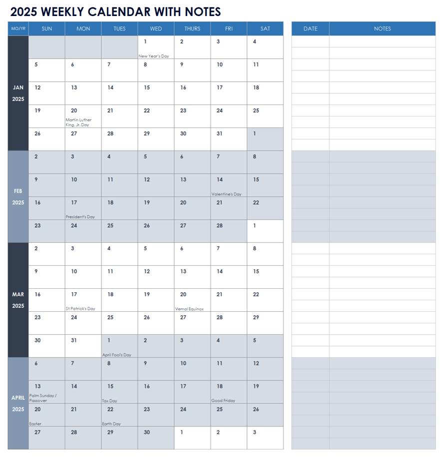 Calendar Printable Weekly 2025