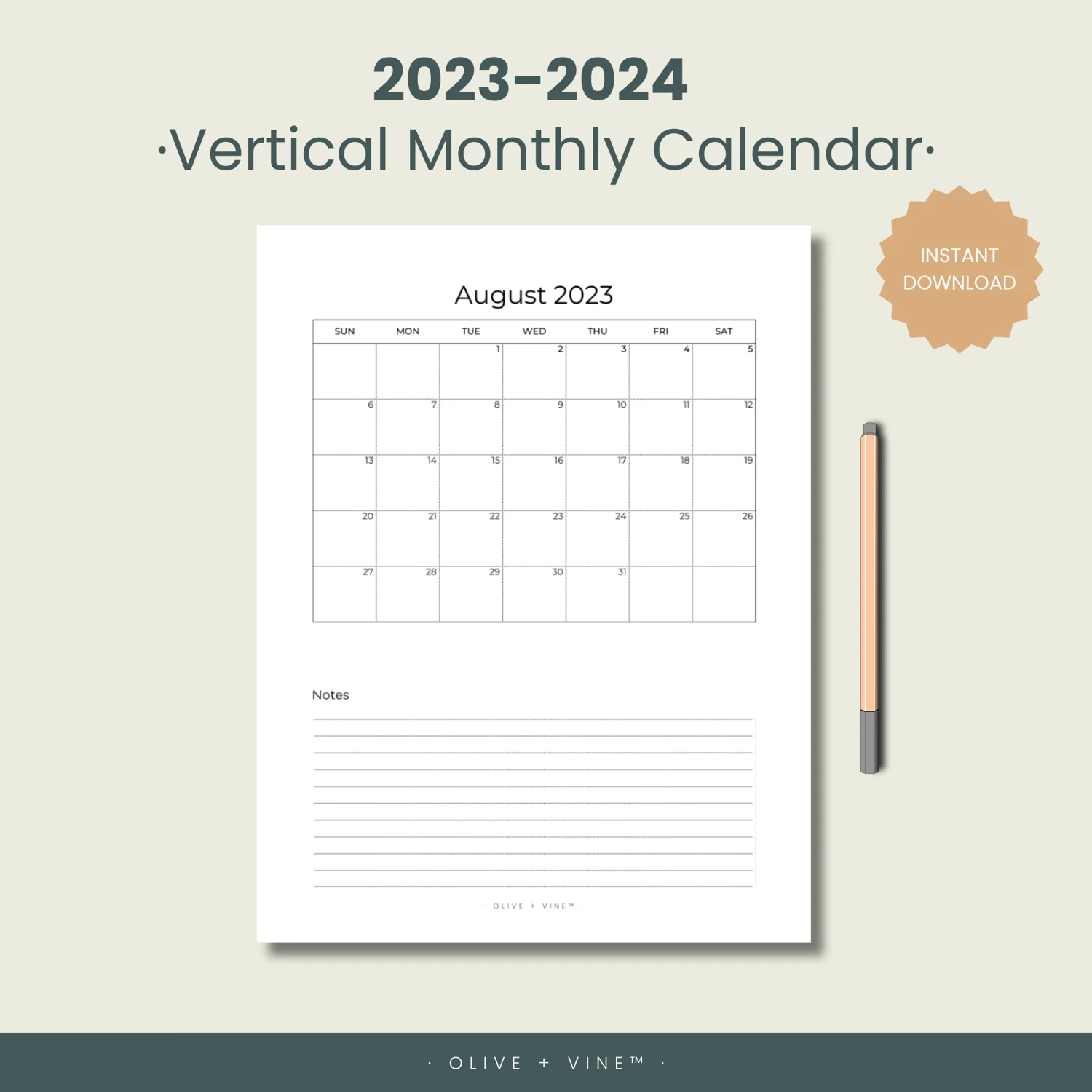 2023 2024 Minimalist Vertical Printable Monthly Calendar With Notes Section Payhip