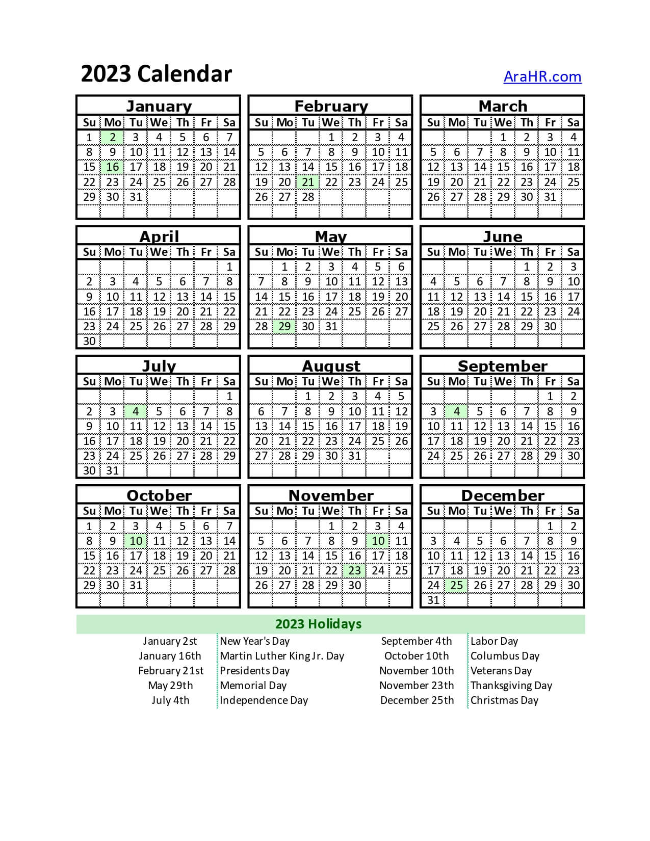 Print Printable Calendar Showing Holidays