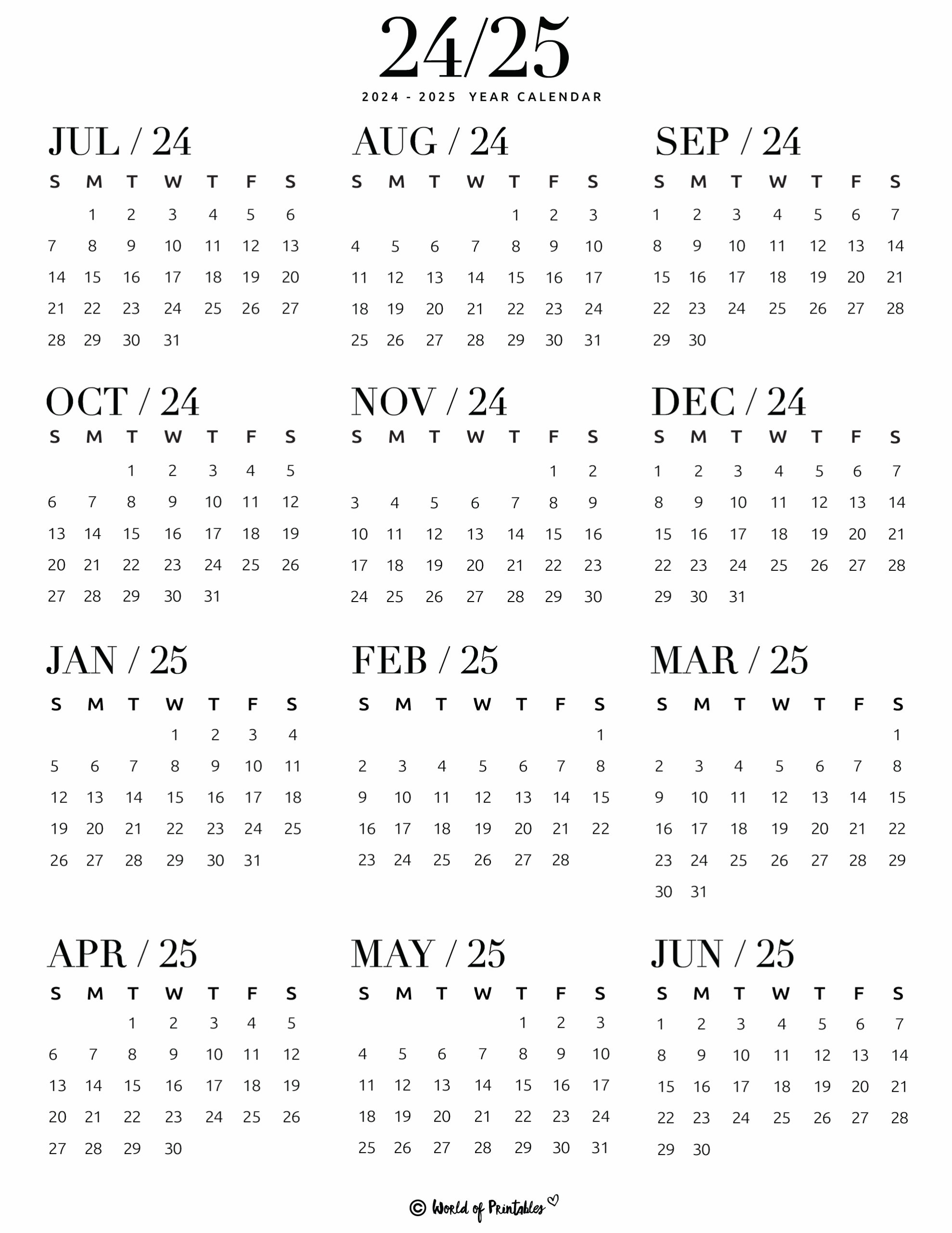 2024 2025 calendar free printables world of printables