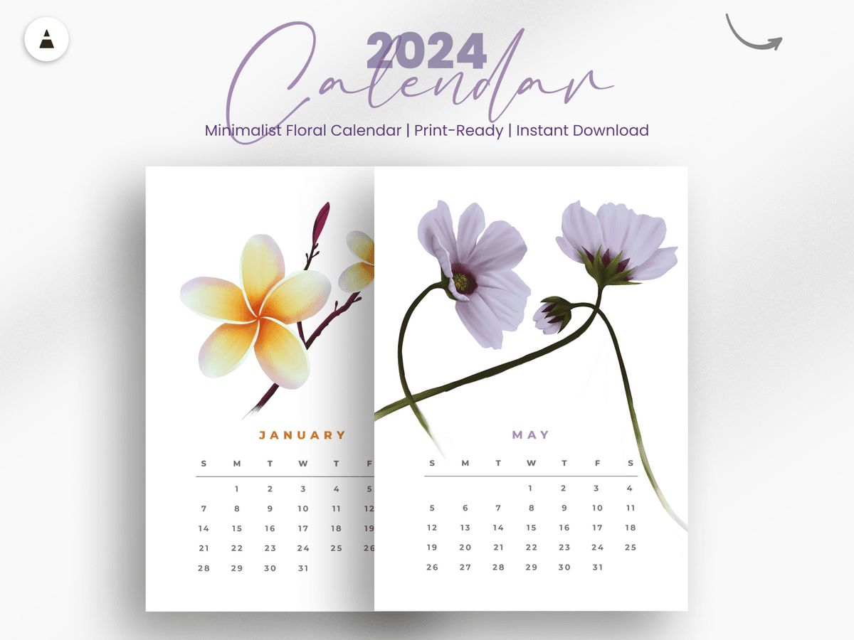 2024 Floral Calendar Printable Digital Calendar Template With Blossom Designs Cute Mini Desk Calendar For A