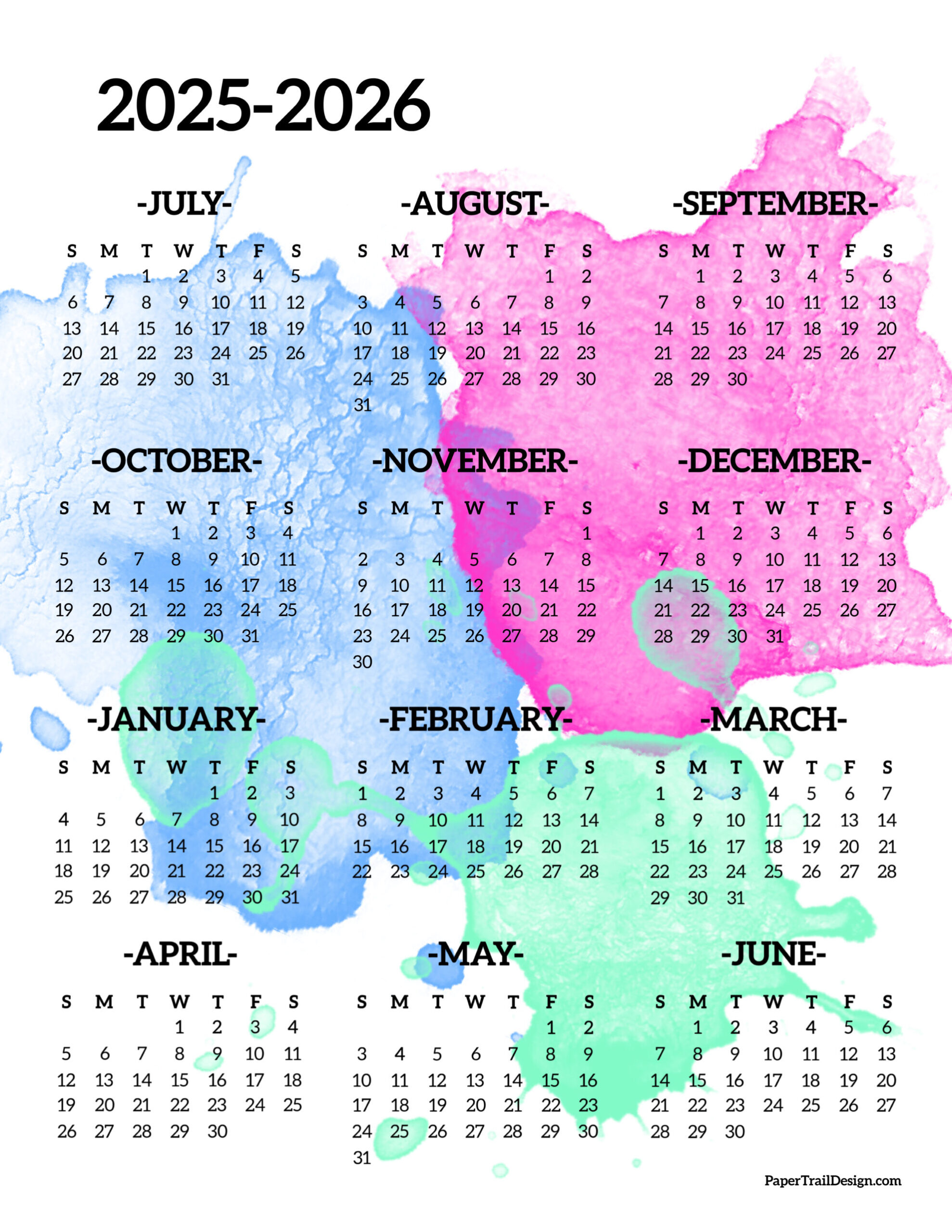 2025 2026 school year calendar free printable paper trail design