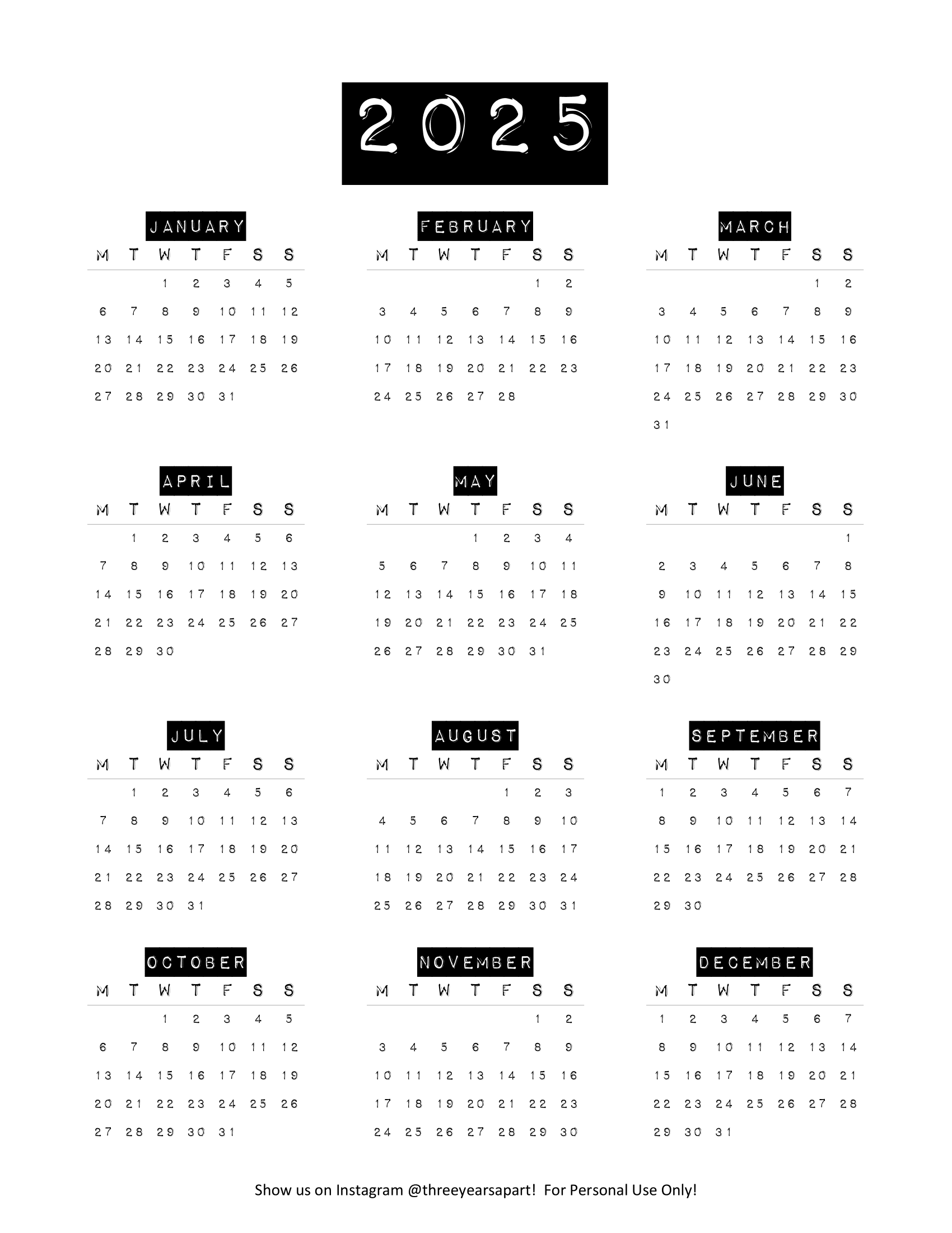 2025 calendar free printable bullet journal and planner free download year at a glance future log 3 years apart