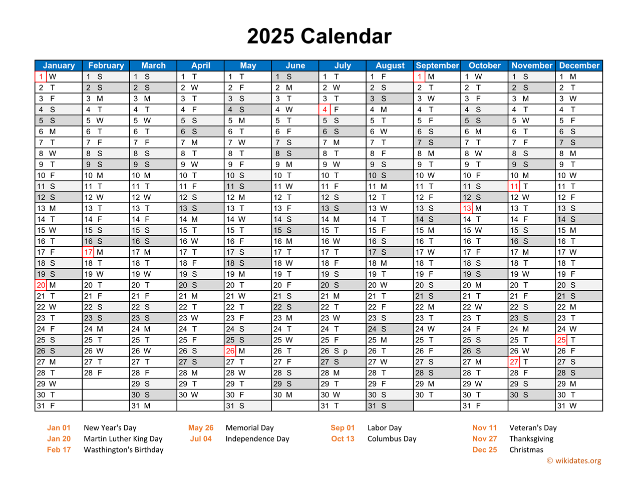 2025 calendar horizontal one page wikidates